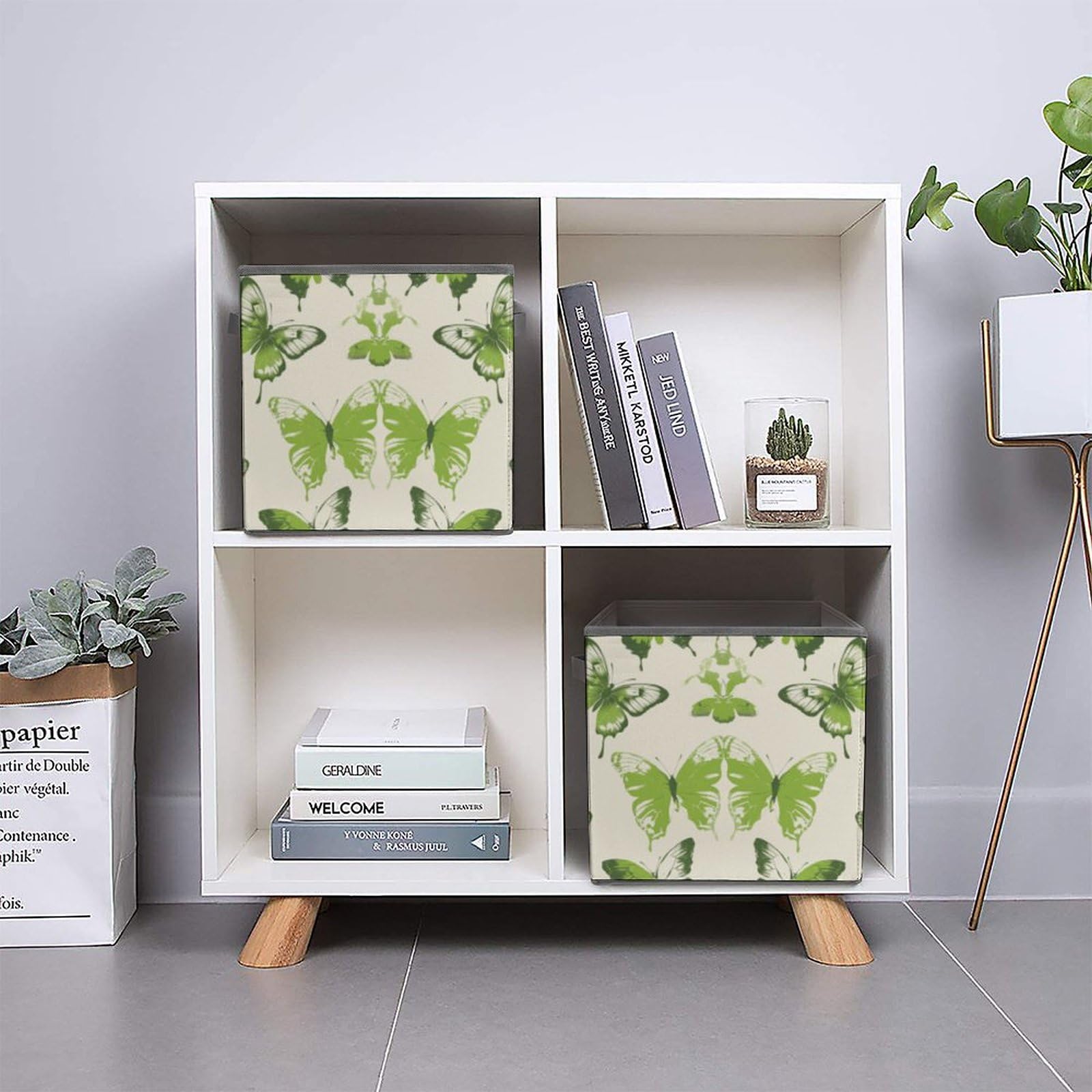 Collapsible Storage Cubes with Handles - 10.6×10.6 Inch Foldable Organizer Bins | Butterfly Print & Lime Green Design for Closet, Nursery, or Office Organization | Space-Saving Home Storage Solution