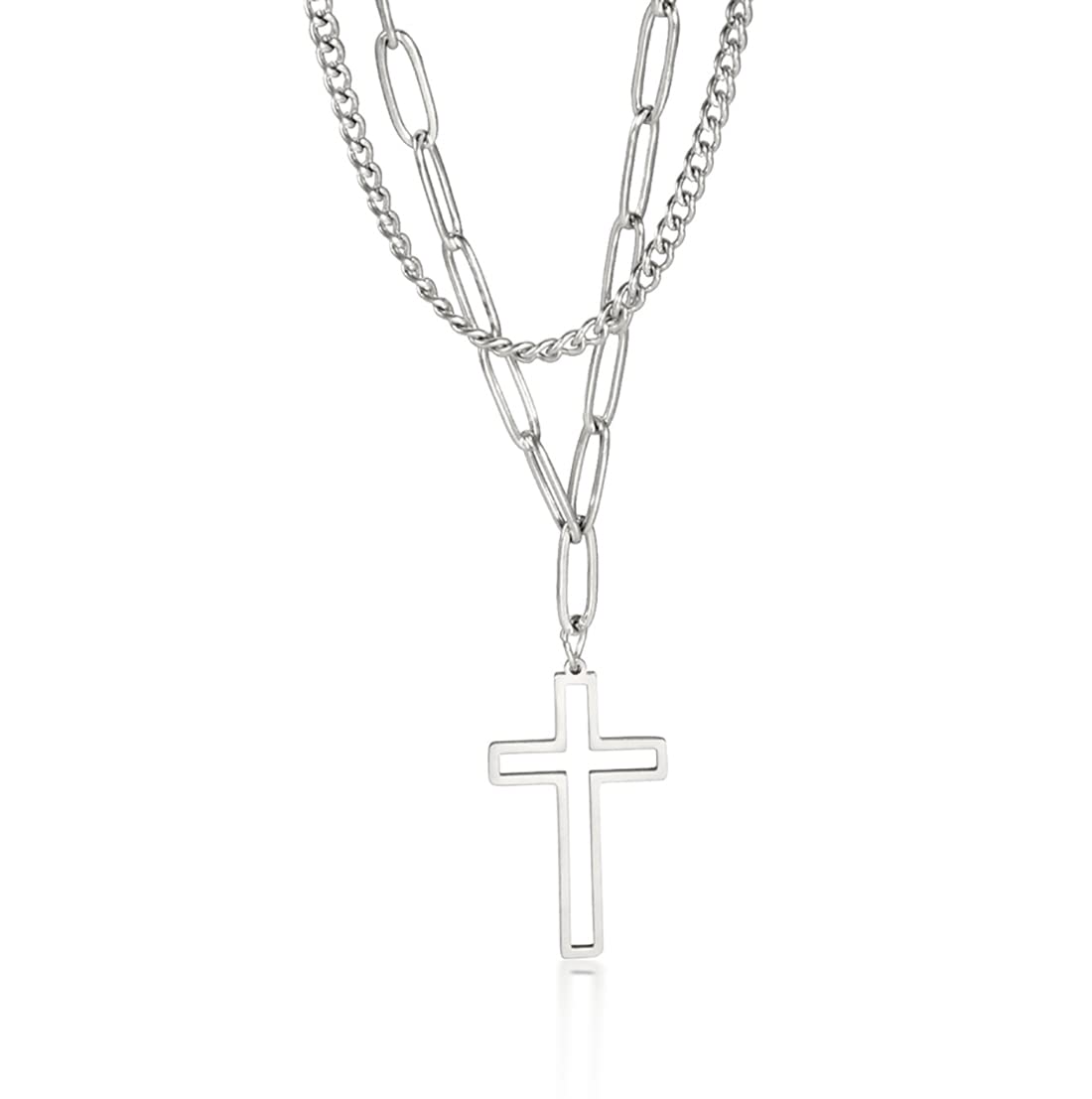 Stainless Steel Double Layer Cross Pendant Necklace for Women & Men - Hollow Out Dainty Religious Jewelry Gift for Christmas, Baptism, Church & Everyday Wear