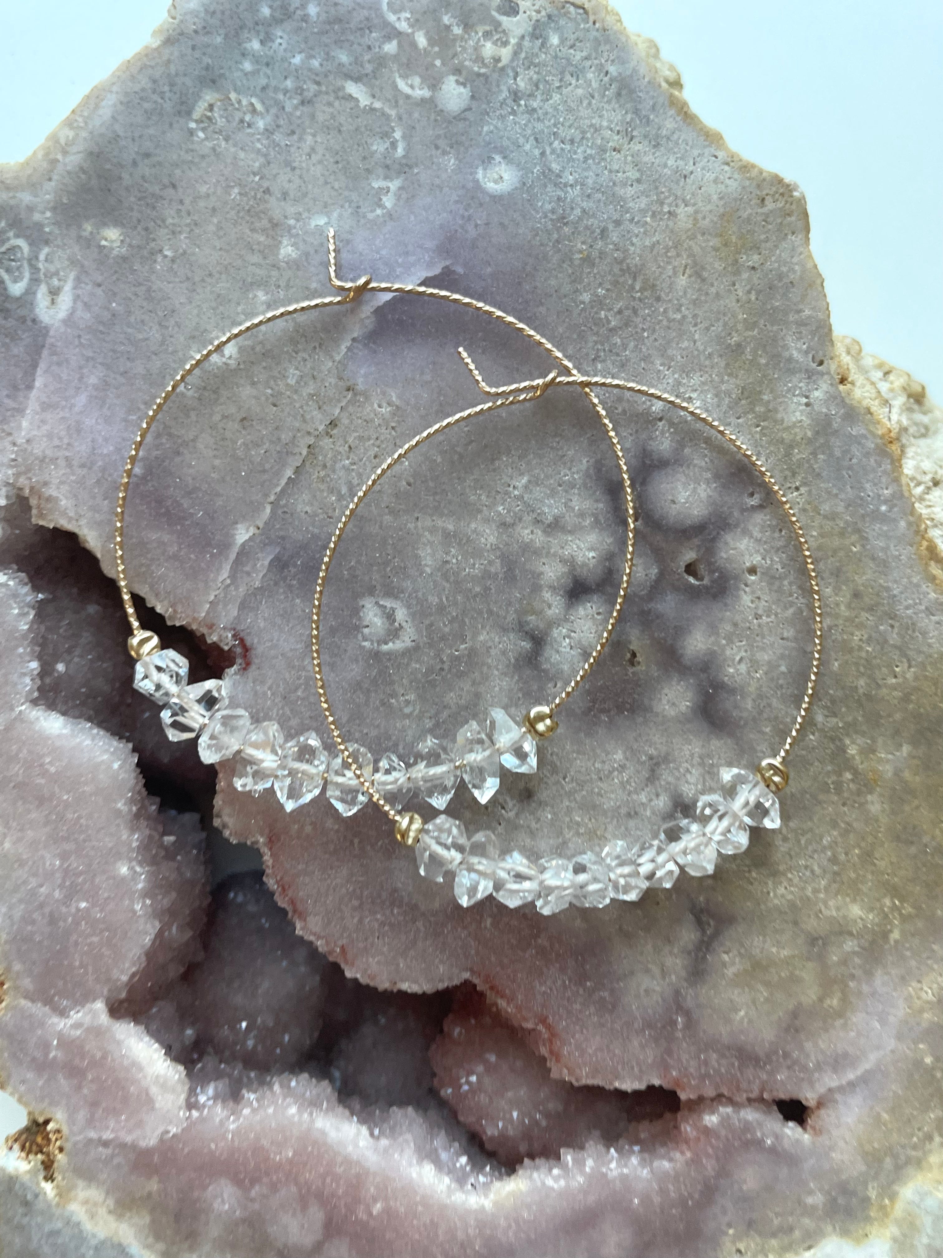 Stylish Thin Herkimer Diamond Hoops Earrings for Women - 14K Gold Plated Minimalist Dainty Studs - Perfect for Everyday Wear, Office & Special Occasions