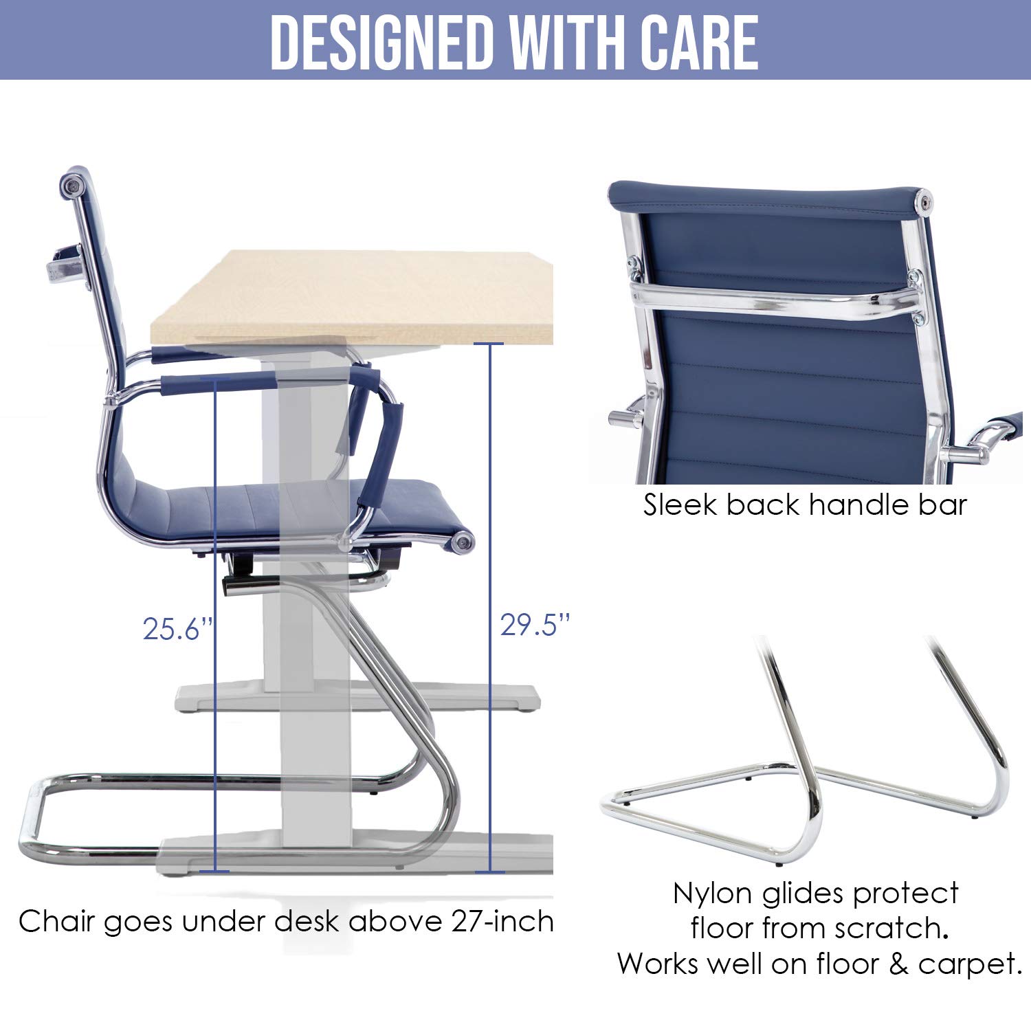Wahson Office Guest and Reception Chairs - 2 Pack Leather Mid Back Sled Base Chairs Without Wheels for Meeting Room, Lobby, Restroom - Navy Blue | Perfect for Business Offices, Waiting Areas, and Conference Rooms