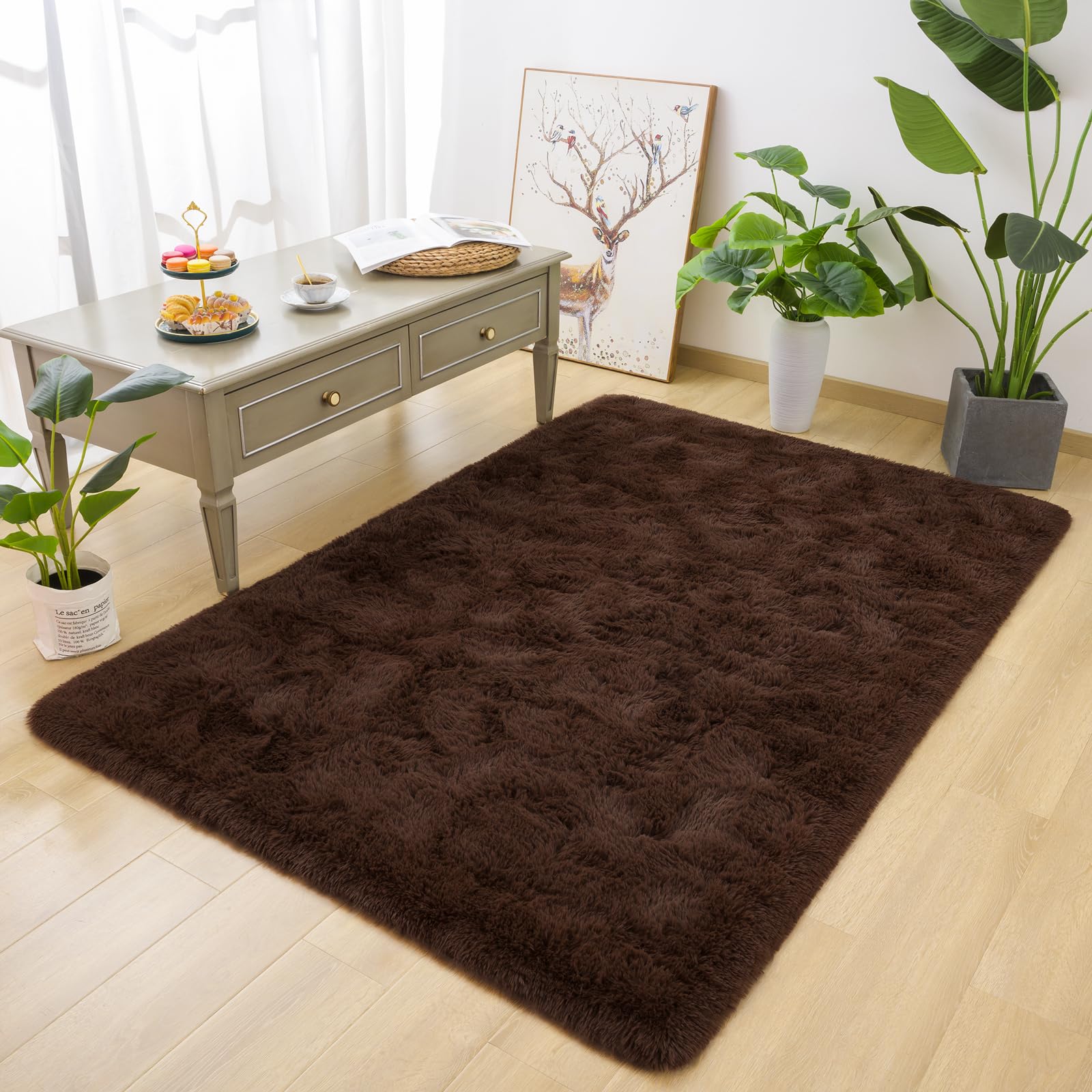 Fluffy 4x6 Feet Soft Washable Non-Slip Area Rug - Modern Bedroom & Living Room Carpet for Home Decor, Cozy Floor Mat for Kids Play Area and Family Gathering Space