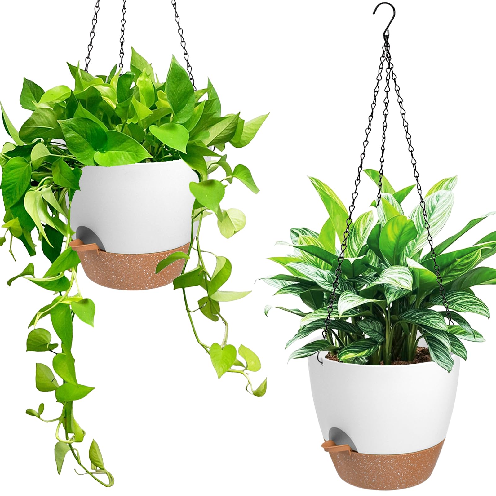 2 Pack Self Watering Hanging Planters for Indoor Outdoor Plants - 6 Inch Hanging Flower Pots with Drainage Holes & Removable Tray - Perfect for Garden, Balcony, Patio, and Home Decor (White)
