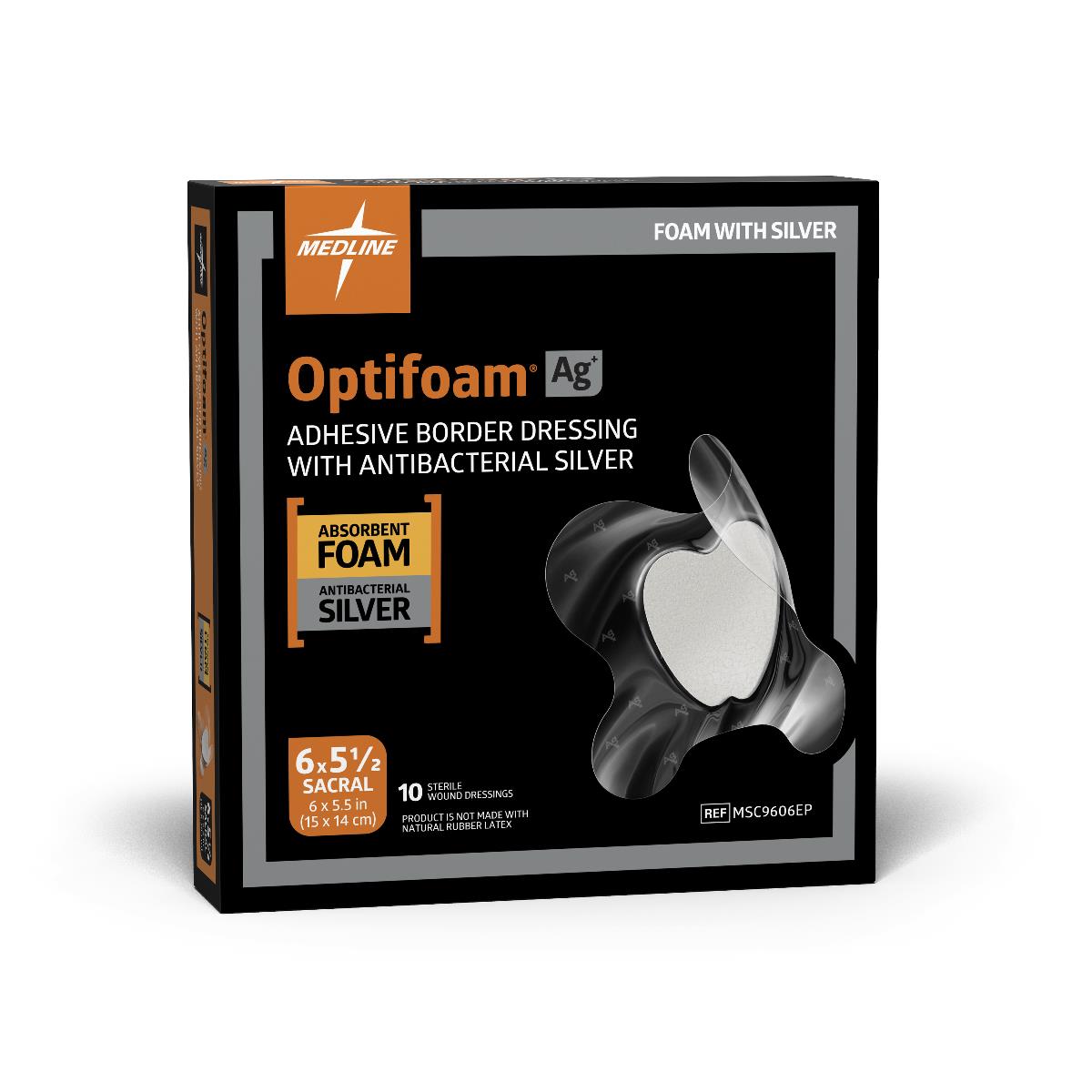Optifoam Ag Silver Antimicrobial Adhesive Wound Dressing, 6.5 x 5.5 Inches (10 Count Box) - Ideal for Post-Surgical Care, Chronic Wounds & Burn Treatment