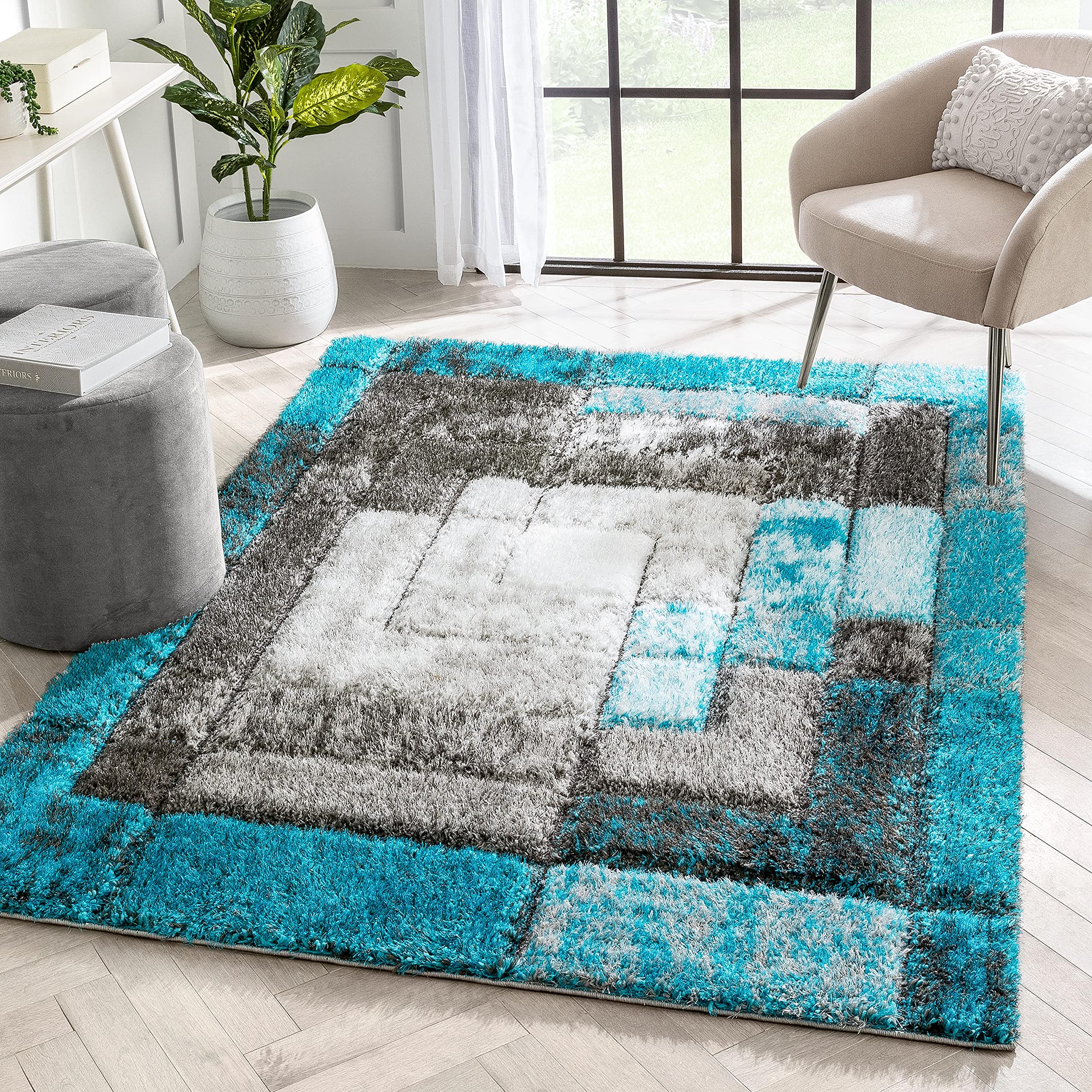 Well Woven Kizi Teal & Grey Abstract Geometric Area Rug 8x10 (7'10