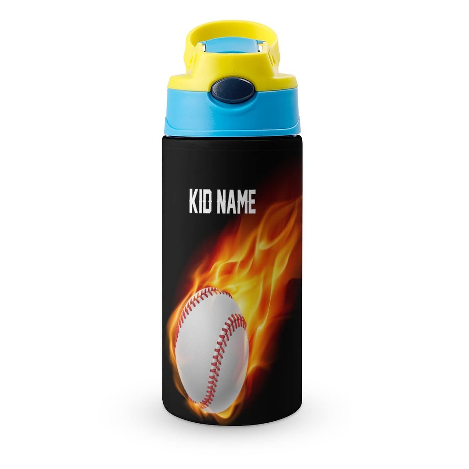 Custom Kids Water Bottles with Straw Lid - Personalized Stainless Steel Water Bottle for Toddlers, Boys & Girls - Baseball Flame Gold Design - Reusable Drinking Cup for School, Sports & Outdoor Activities