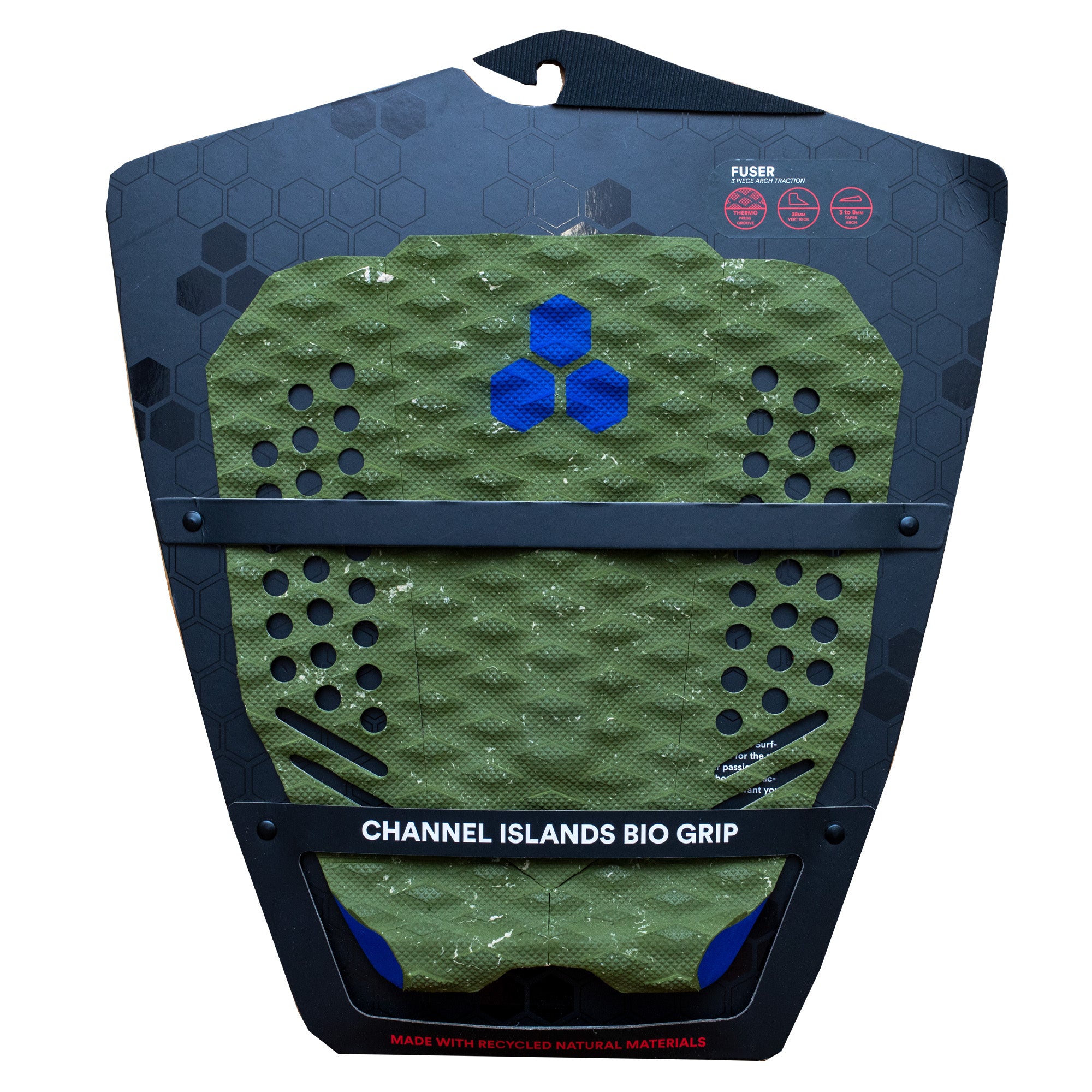 Channel Islands Fuser Flat Traction Pad - Army Green/Blue Surfboard Grip for Enhanced Control & Performance - Perfect for Surfing, Paddleboarding & Water Sports