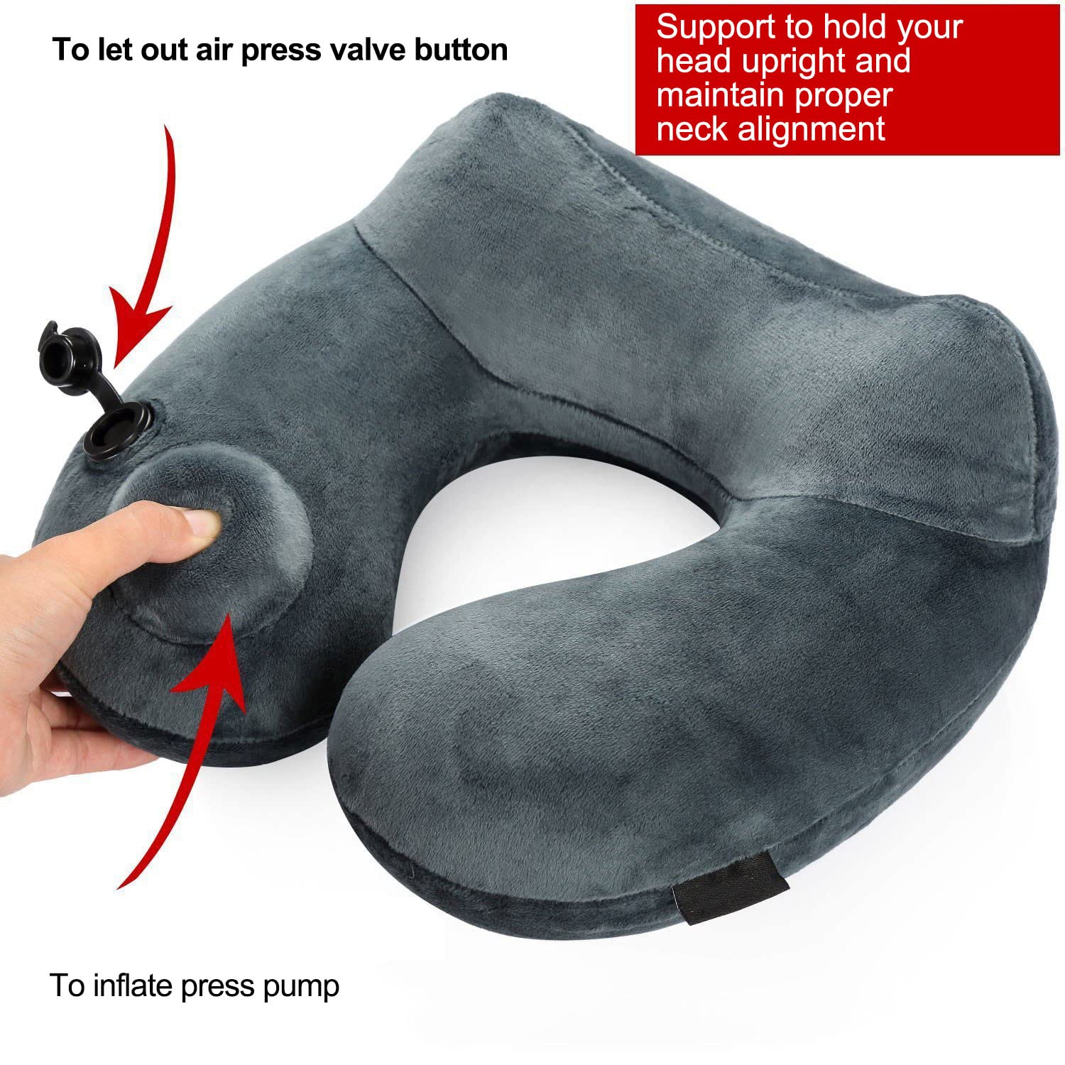 Comfortable Inflatable Travel Neck Pillow with Washable Breathable Cover - Portable Small Size for Airplane, Car & Camping - Soft Grey Pillow P12