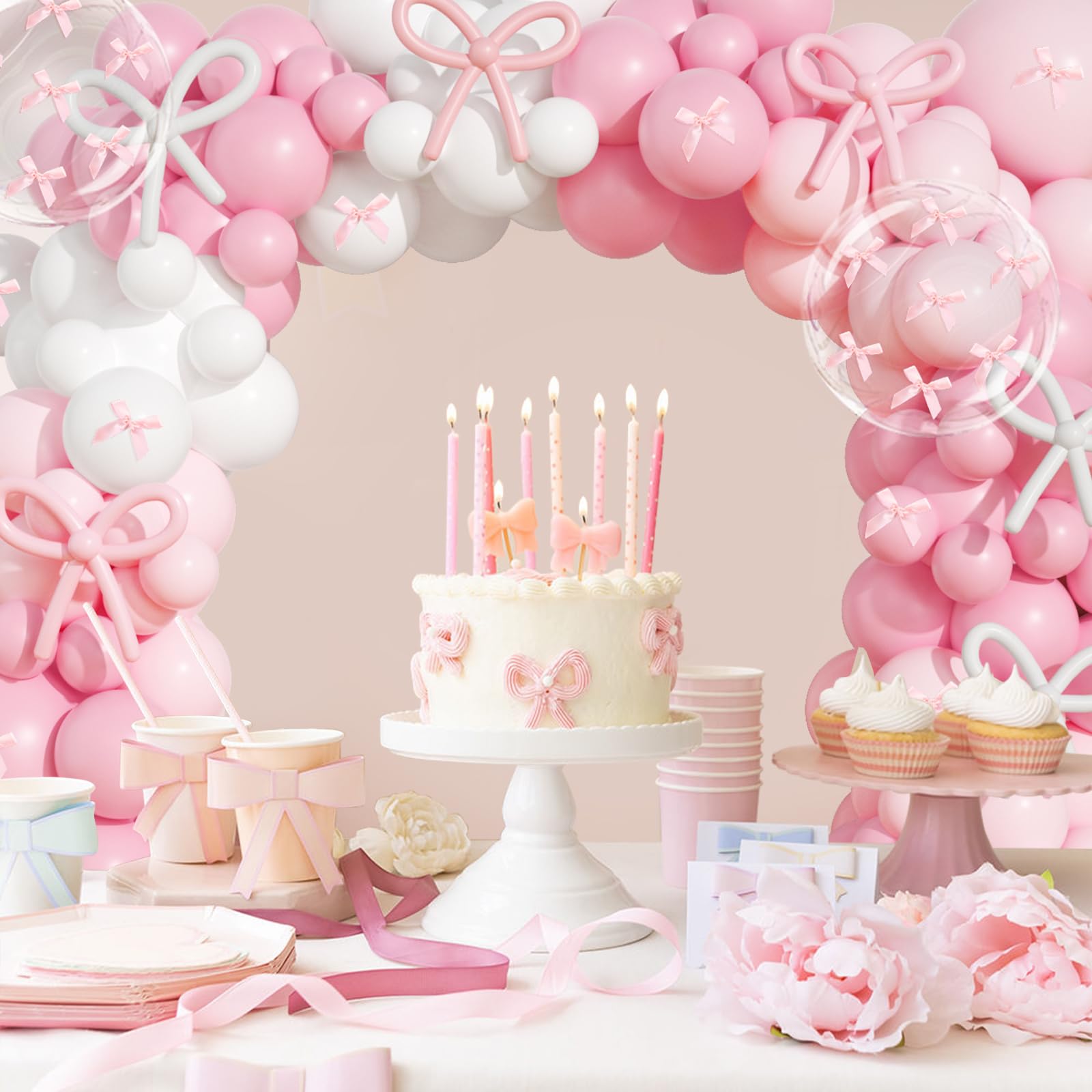 JOGAMS 199Pcs Pink Bow Balloons Arch Kit - Coquette Balloons Garland with 260 Clear Balloons & Pink Ribbon Bows for Birthday, Bachelorette, Baby Shower, Bridal Shower Decorations - Perfect for Party Backdrops, Photo Booths & Event Centerpieces