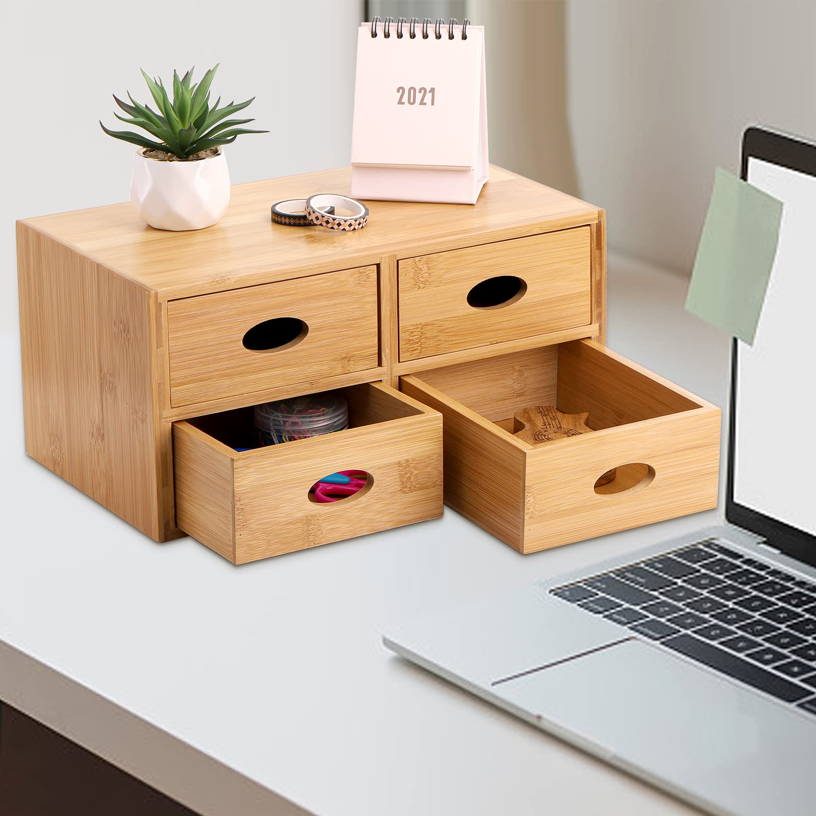 ZOOFOX 4-Drawer Bamboo Desk Organizer - 100% Natural Wooden Storage Box for Makeup, Office Supplies & Vanity Accessories | Perfect for Nightstand, Desktop & Home Office Organization