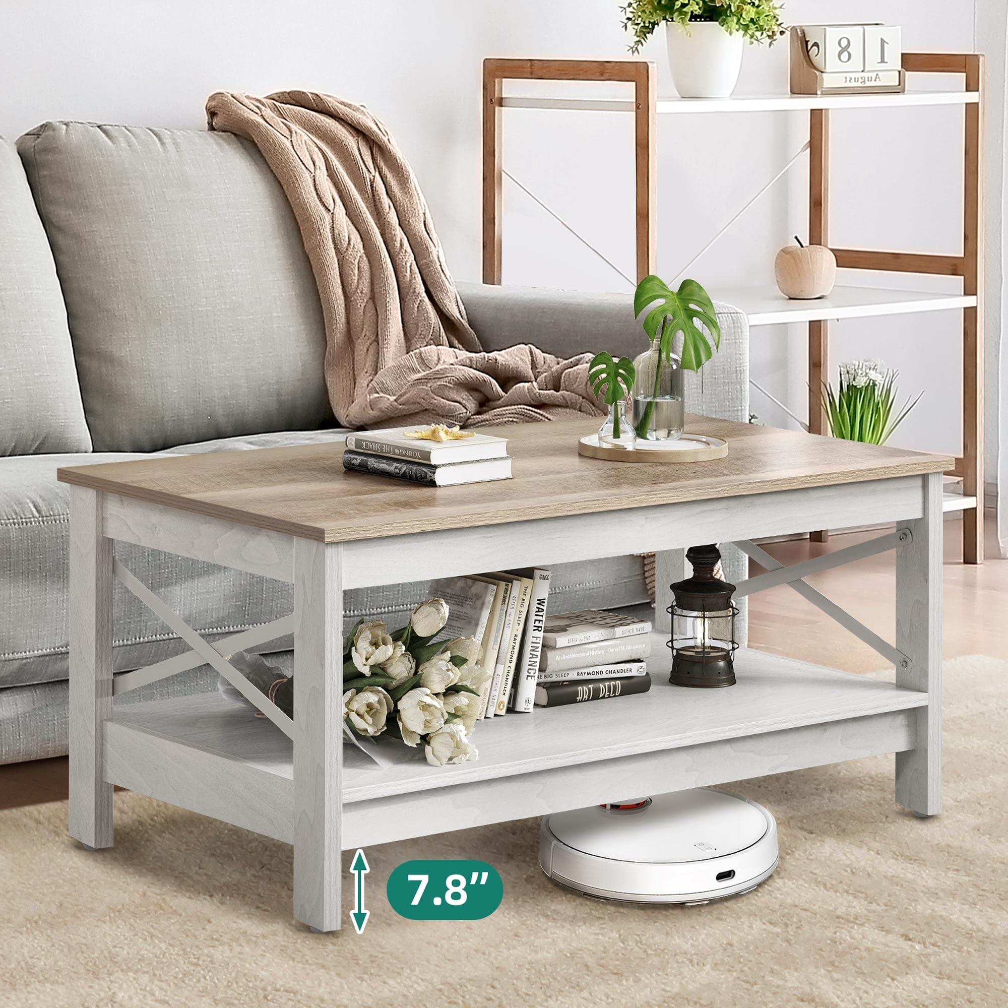 Modern Farmhouse Coffee Table with Storage - 2-Tier Wooden Living Room Center Table, Grey Wash, Sturdy Frame | Accent Cocktail Table for Living Room, Farmhouse Decor, Small Space Furniture