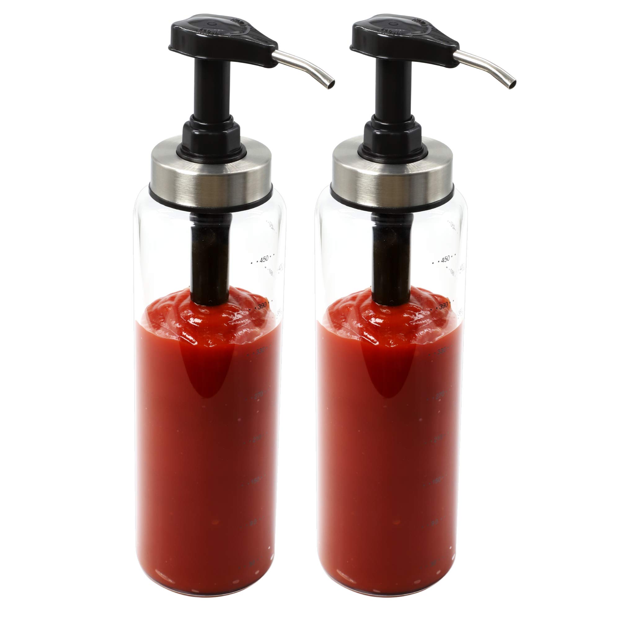 Leak-Proof Glass Sauce Pump Dispenser for Honey, Ketchup, Mustard, Salad Dressing, Hot Sauces & Syrup - Perfect for Kitchen, Restaurants & Catering Events