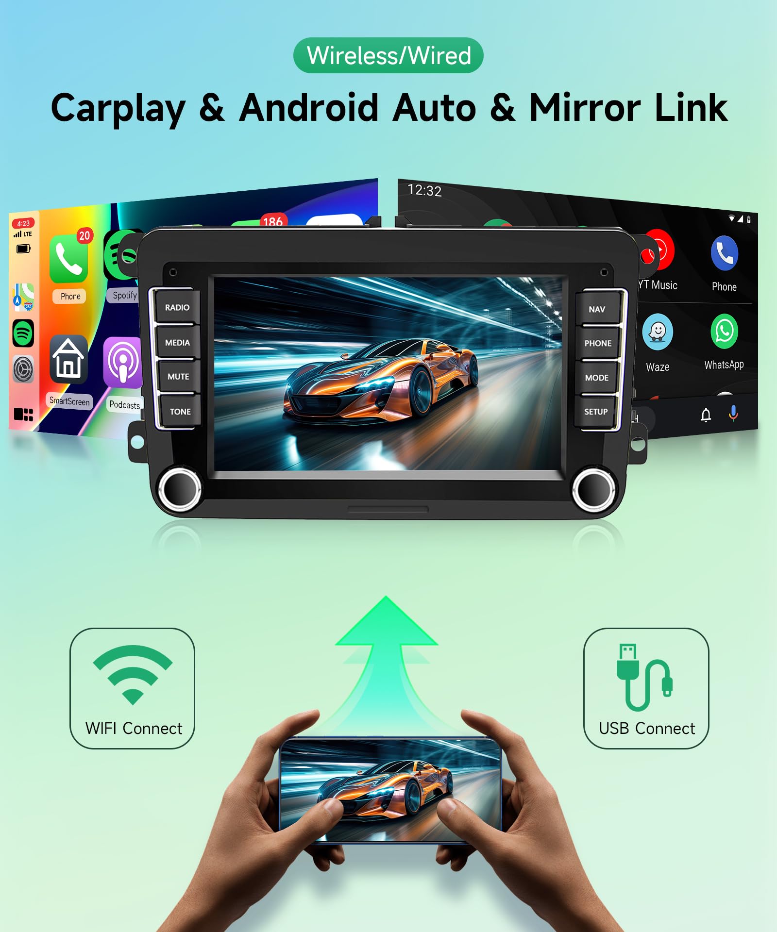 7 Inch Android Car Stereo for VW Polo Golf 5 Caddy T5 Tiguan Skoda Seat | Touchscreen Car Radio with Wireless CarPlay & Android Auto | GPS WiFi Bluetooth FM/RDS | Backup Camera | Perfect for Commuting & Road Trips