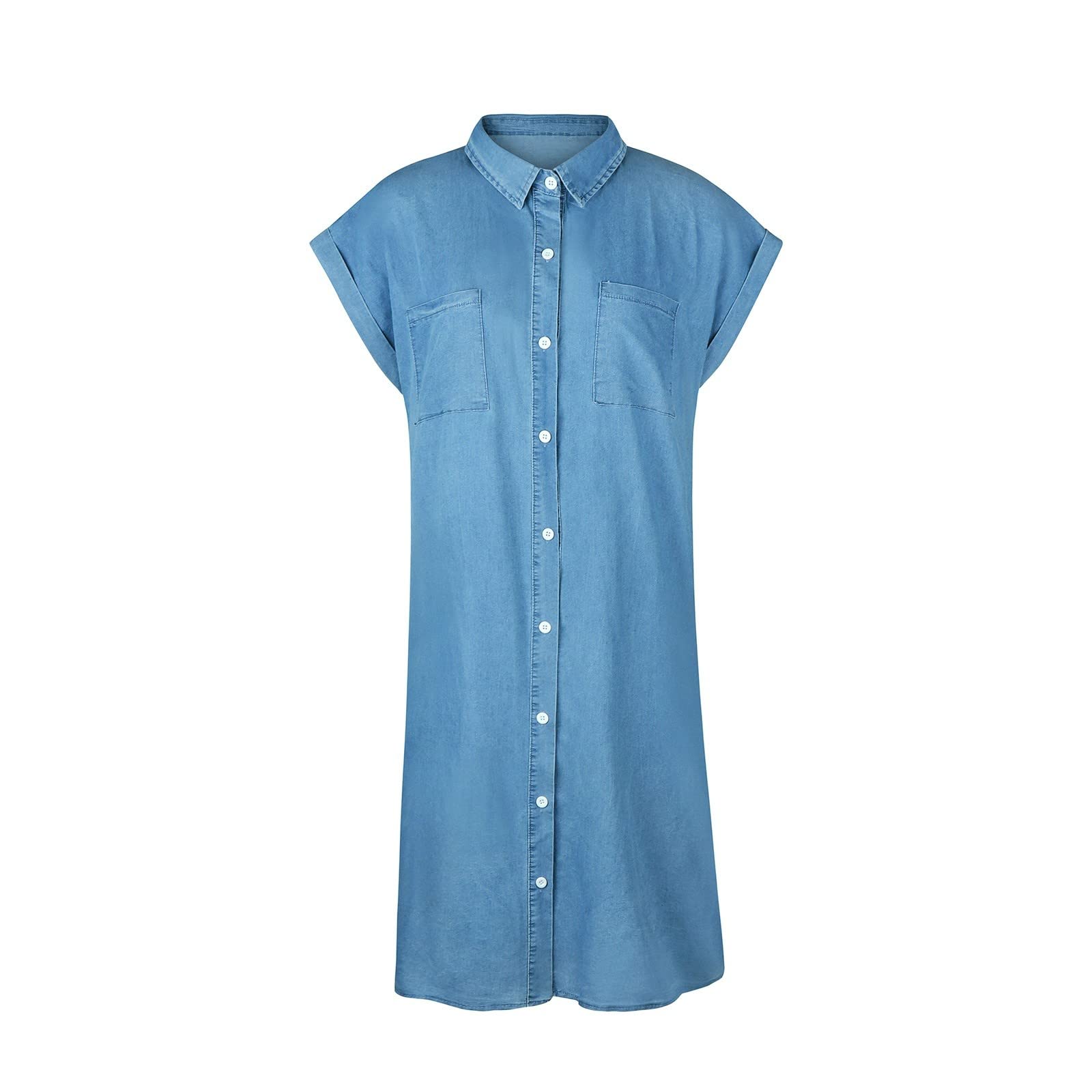 Women's Summer Denim Shirt Dress - Short Sleeve Loose Fit Midi Jean Dress with Button Down Style | Casual Shift Dress & Tunic Top for Beach, Picnic & Everyday Wear