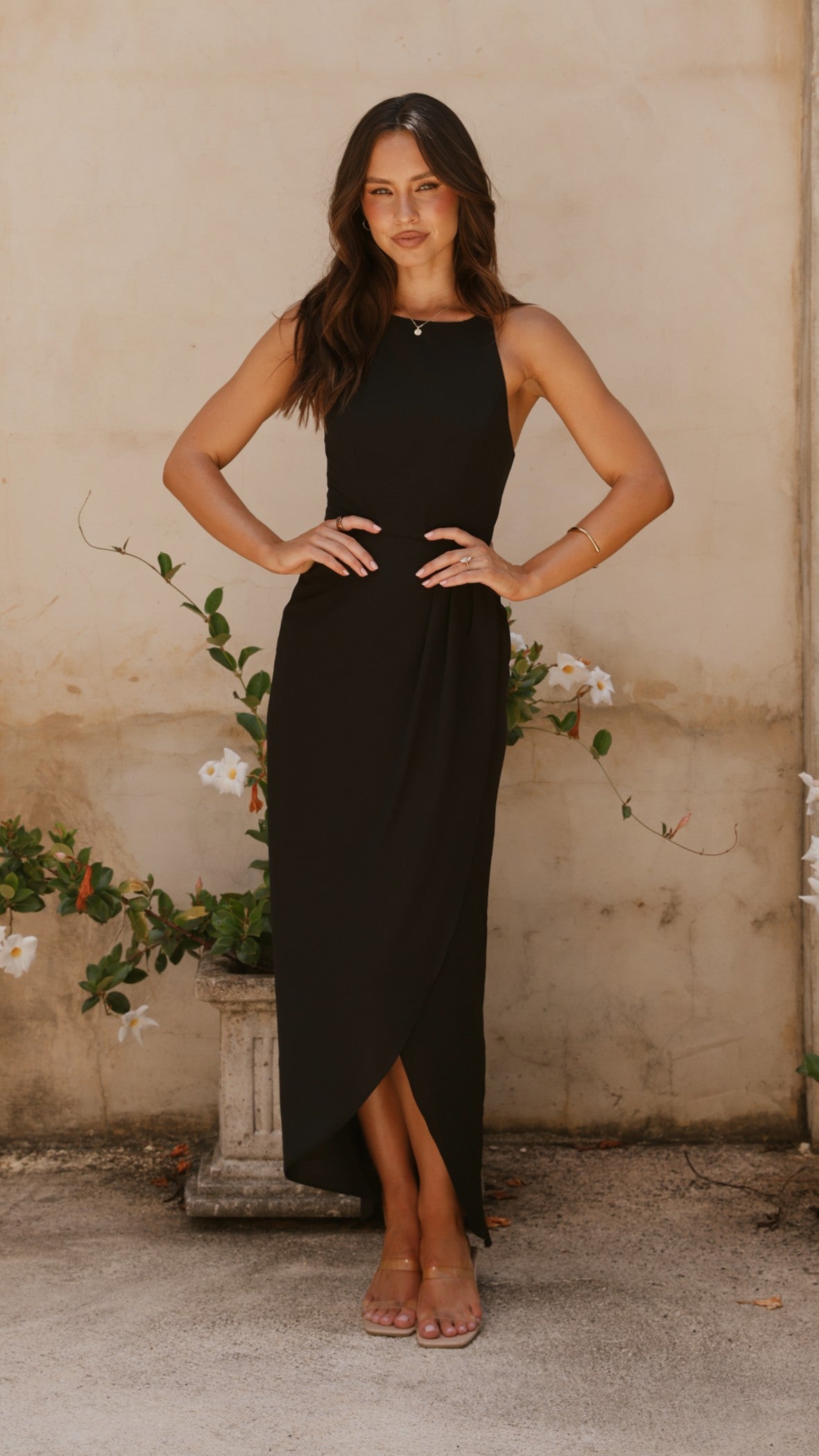 Genevieve Boat Neck Maxi Dress for Women - Elegant Black Long Flowy Dress for Summer, Beach, Party & Evening Wear