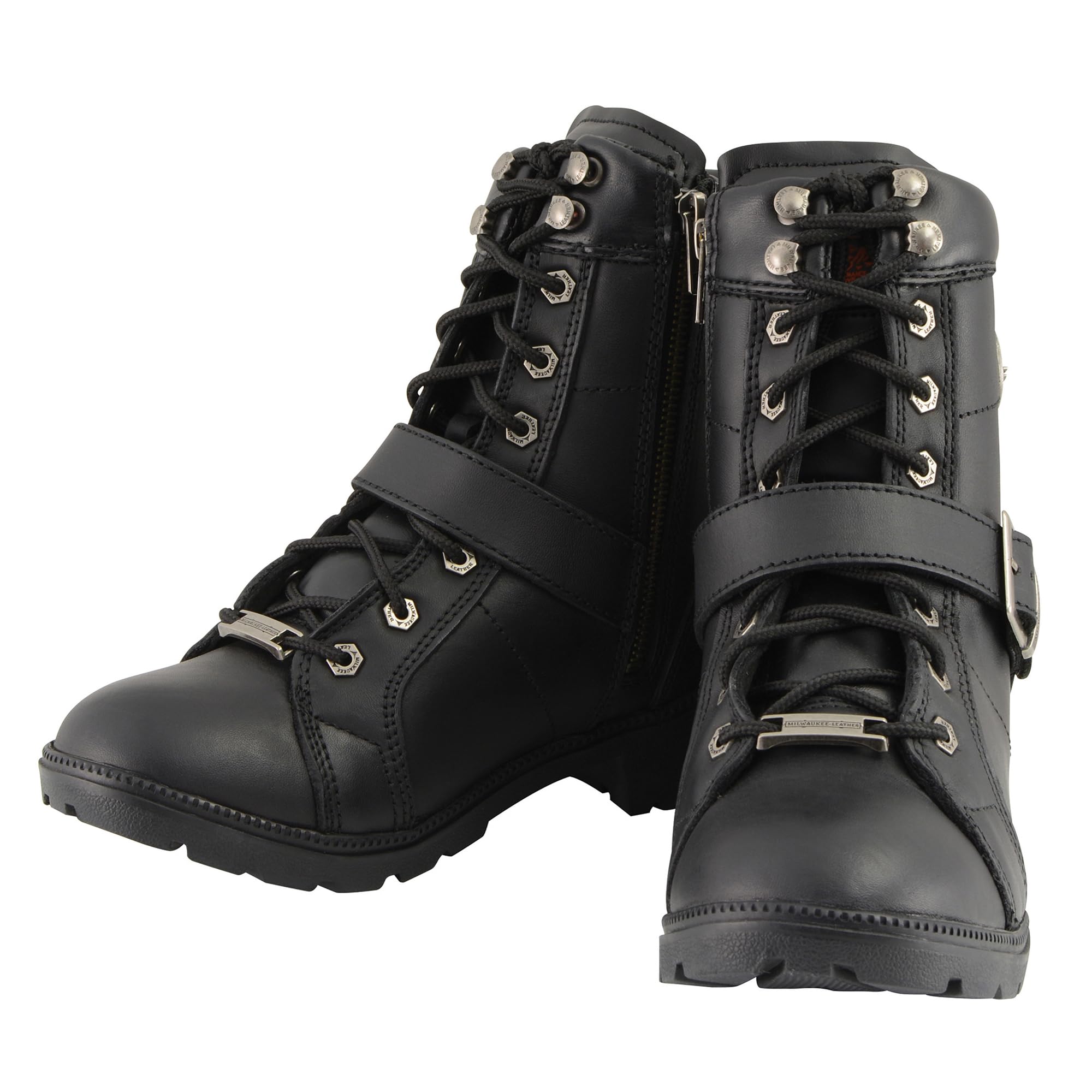 Milwaukee Leather Women's Black Leather Wide Width Lace-Up Side Buckle Boots MBL9325W - Comfortable Round Toe Riding Boots for Western Fashion & Outdoor Activities
