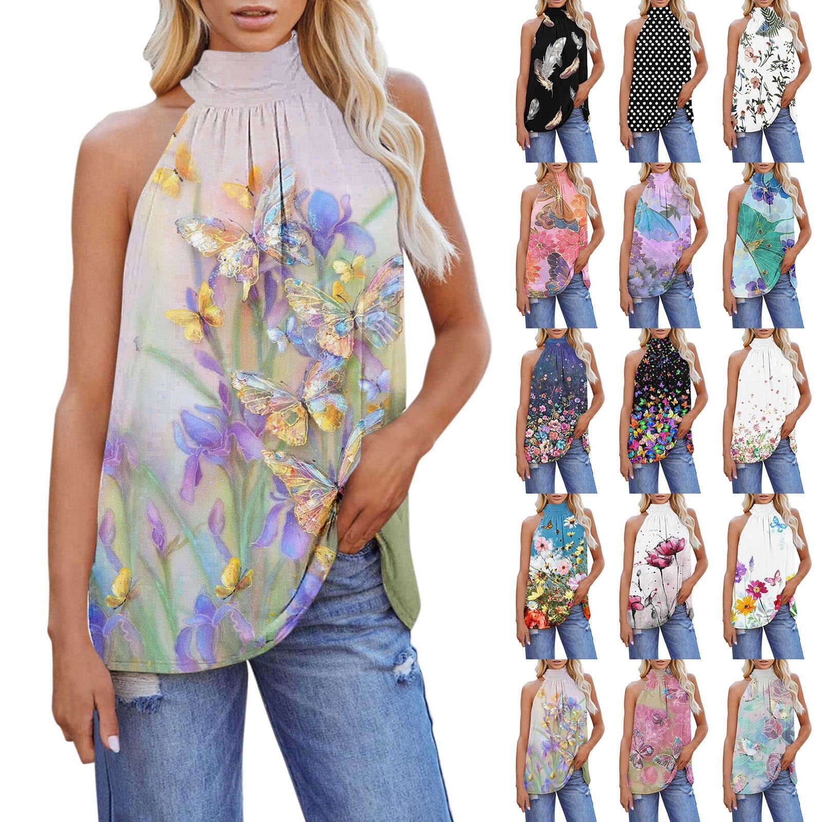 Women's Summer Sexy Halter High Neck Tank Top - Sleeveless Floral Printed Chiffon Blouse for Casual Wear & Beach Outfits | Perfect for Vacation, Date Night and Summer Parties