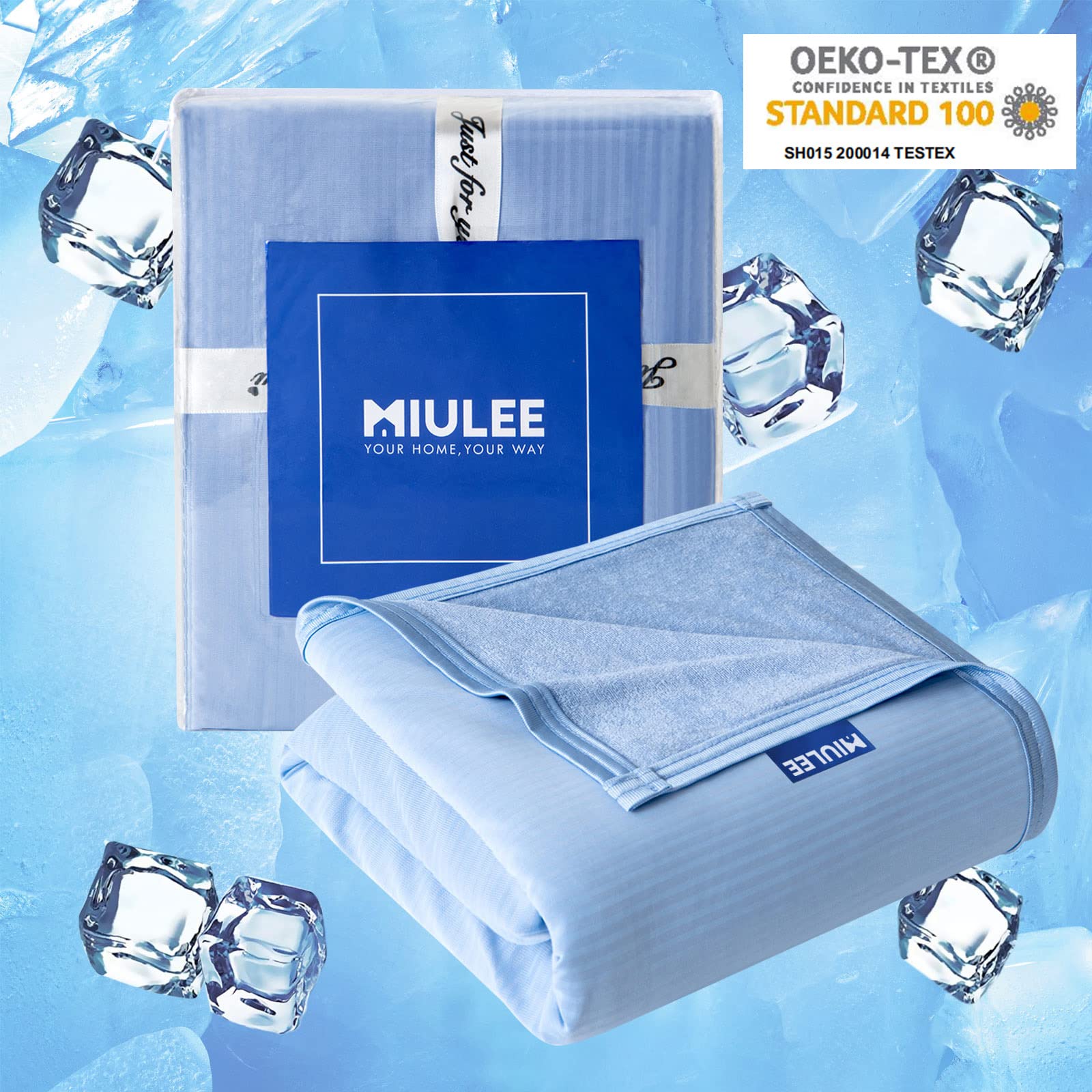 MIULEE Cooling Fiber Japanese Manta Verano Summer Blanket with ARC-Chill Technology, Q-MAX 0.4, Anti-Static, Promotes Better Sleep - 150x200cm Blue Stripes for Bed, Sofa, Car & Travel Use