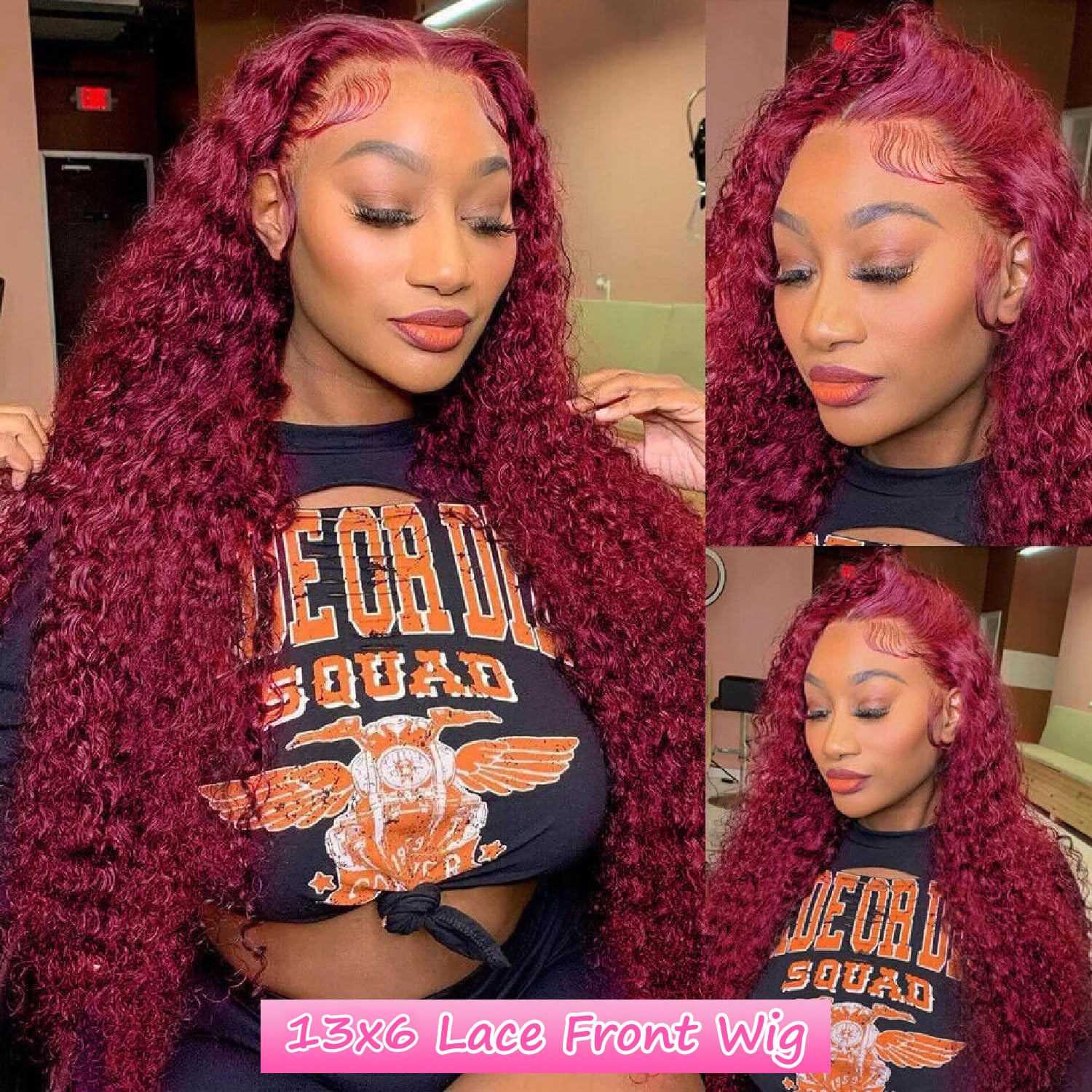 99j Burgundy 30 Inch Human Hair Lace Front Wig - 200% Density 13x6 HD Frontal Deep Wave Pre-Plucked Red Curly Wig (Glueless, Wet & Wavy) for Daily Wear, Cosplay & Special Occasions