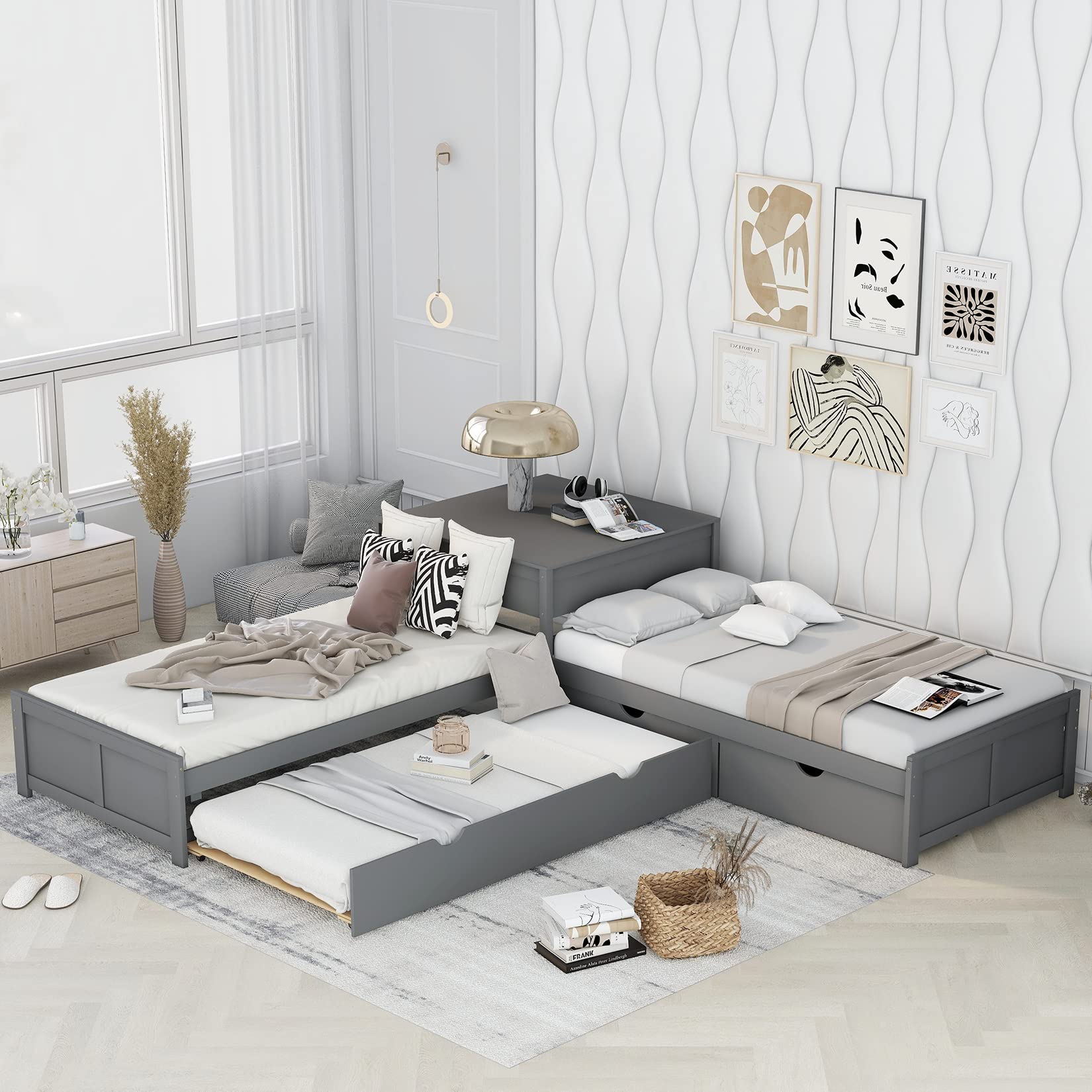 L-Shaped Twin Platform Bed with Trundle and Storage Drawers - Gray Wooden Corner Bed Frame with Built-In Desk for 3 People | Perfect for Small Bedrooms, Dorm Rooms & Shared Kids' Rooms