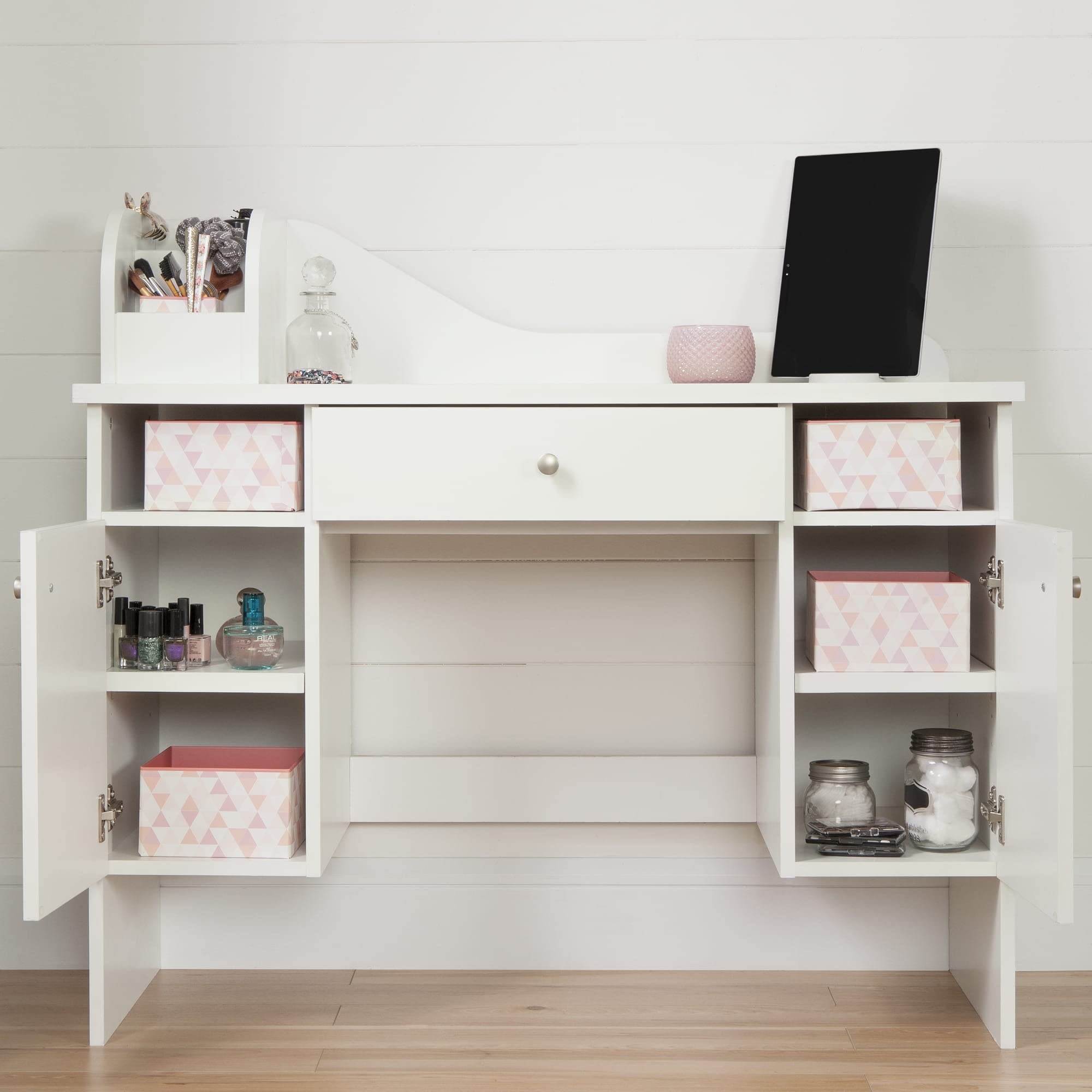 South Shore Makeup Vanity Dressing Table with 2 Doors & Storage Baskets, Pure White - Perfect for Bedroom, Bathroom & Beauty Salon Organization