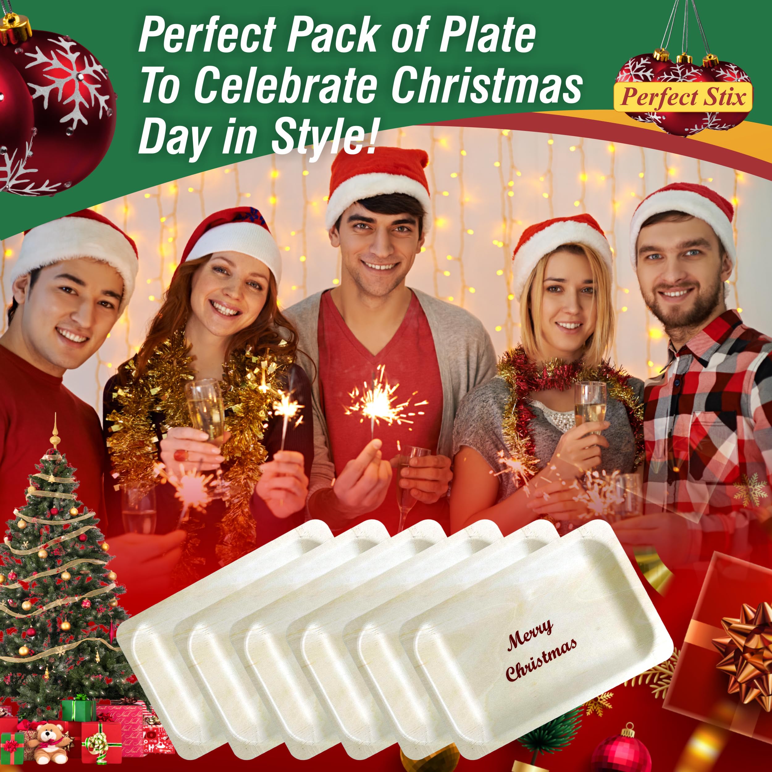 Perfect Stix 7-Inch Disposable Wooden Christmas Plates with Holiday Print - 25 Count Pack for Christmas Parties, Dinnerware & Festive Celebrations