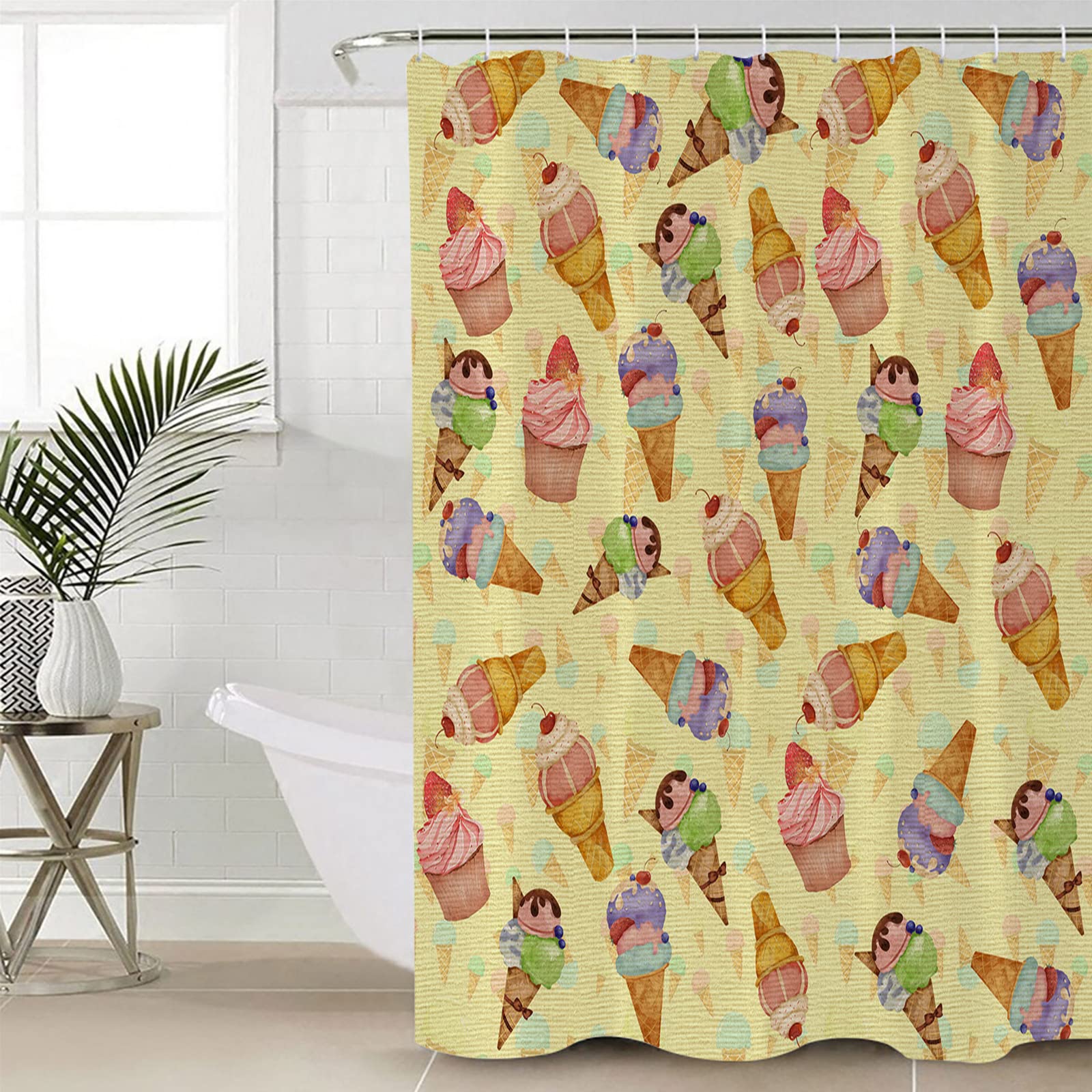 ZOE GARDEN Summer Ice Cream Shower Curtain Set with Hooks - 36x72 Inch Waterproof Polyester Fabric Bathroom Decor - Retro Color Watercolor Design - Perfect for Kids' Bathrooms, Beach House Decor & Ice Cream Themed Parties