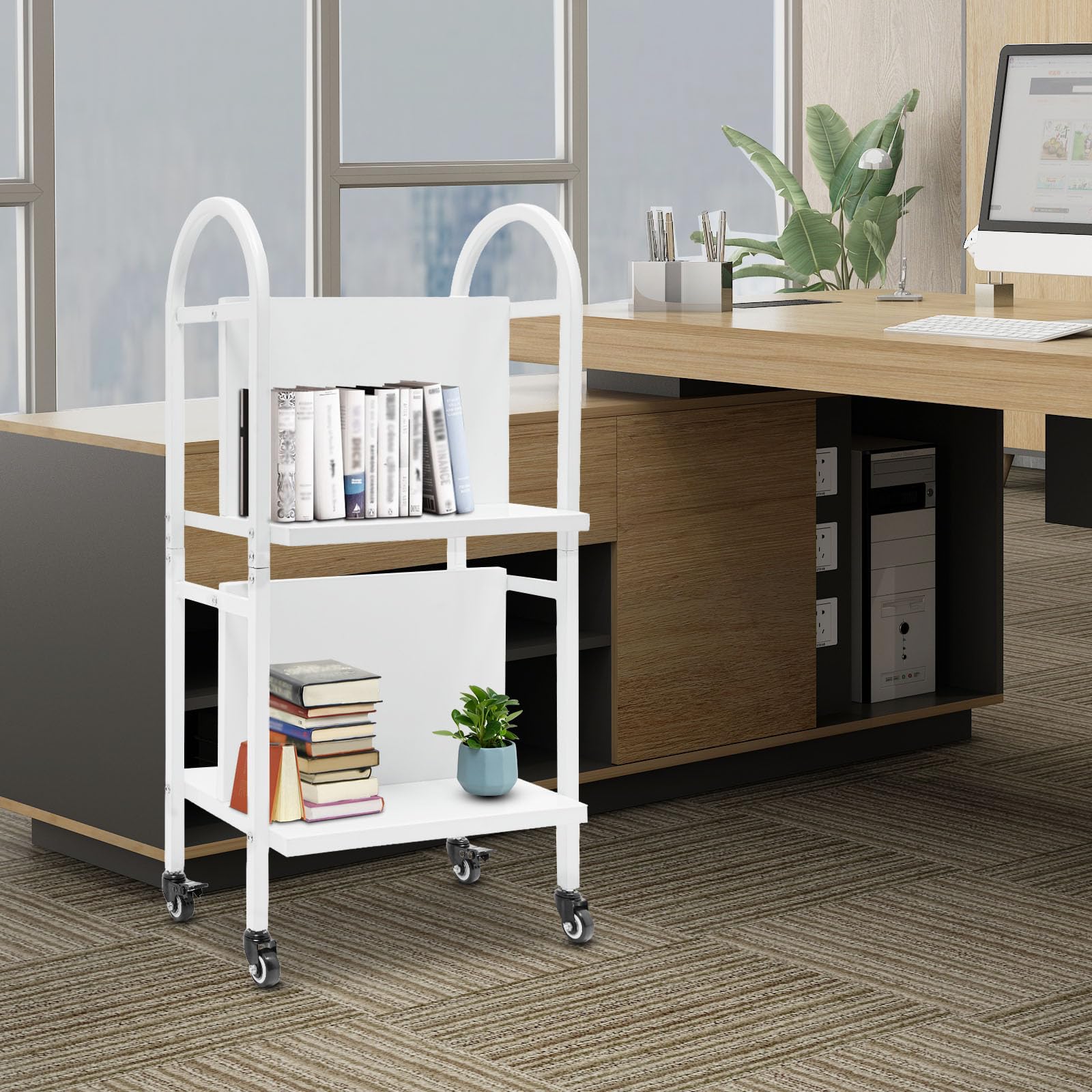 Book Cart with 4 Lockable Wheels - 2-Tier Rolling Bookshelf 34