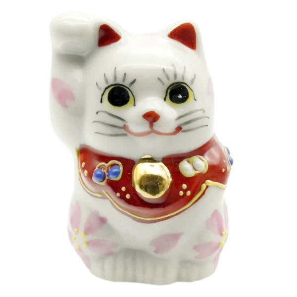 Authentic Kutani Yaki Japanese Mini Maneki Neko Lucky Cat Figurine - Cherry Blossom Pink Right Hand Waving, Traditional Japanese Good Luck Charm for Home Office Decor & Gift