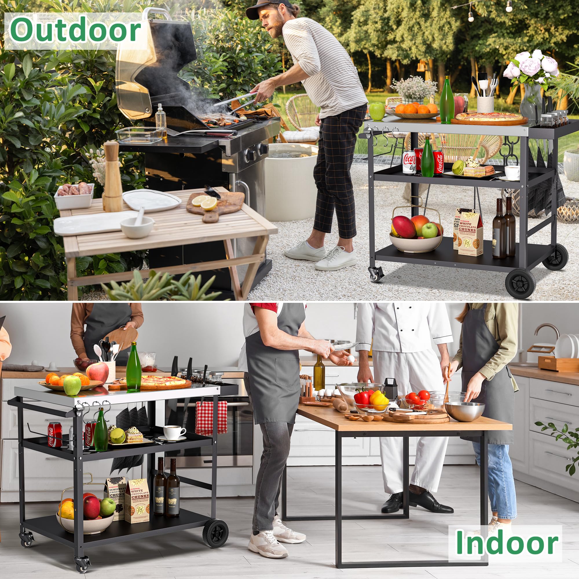 Spurgehom Outdoor Grill Cart with Wheels - Portable BBQ Cooking Prep Table with Pizza Oven Stand & Mesh Racks - Perfect for Patio Dining, Home Parties, Camping & Backyard Gatherings