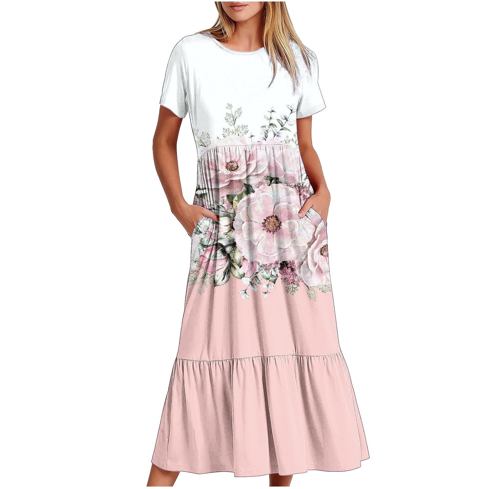 Women's Bohemian Print Summer Dresses - Short Sleeve Beach & Midi Maxi Dresses with Pockets | Perfect for Vacations, Outdoor Parties & Casual Wear