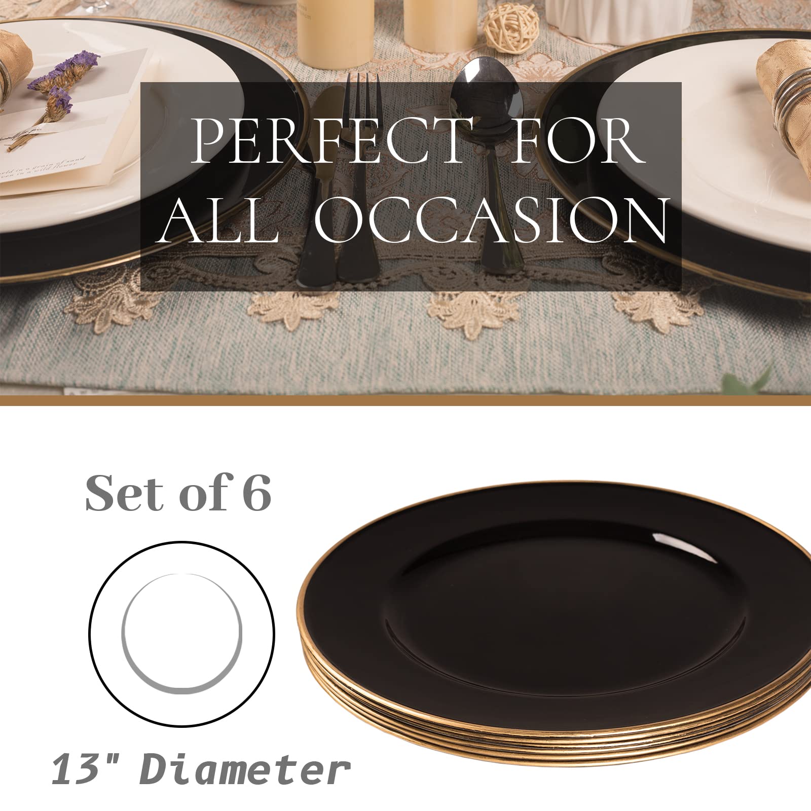 MAONAME 13-Inch Black Plastic Charger Plates with Gold Rim - Elegant Round Decorative Dinner Plates for Weddings, Parties, and Formal Dining - Set of 6 - Perfect for Table Settings, Buffets, and Special Occasions