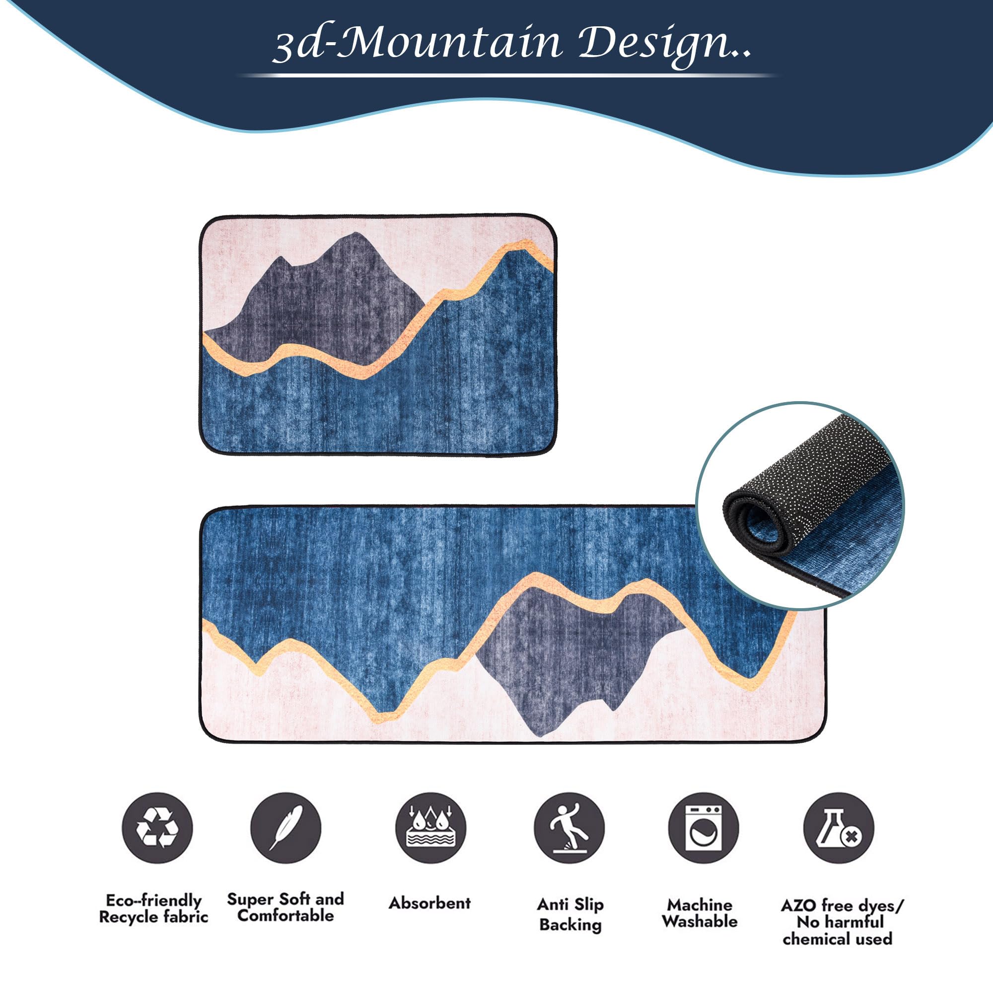 Kuber Industries 2-Pack Anti-Slip Absorbent Kitchen Mat Set | Non-Slip Kitchen Rug & Door Mat | Non-Woven Floor Mat for Kitchen, Living Room, Entryway | Blue & Gray | Perfect for Spill Protection & Home Decor