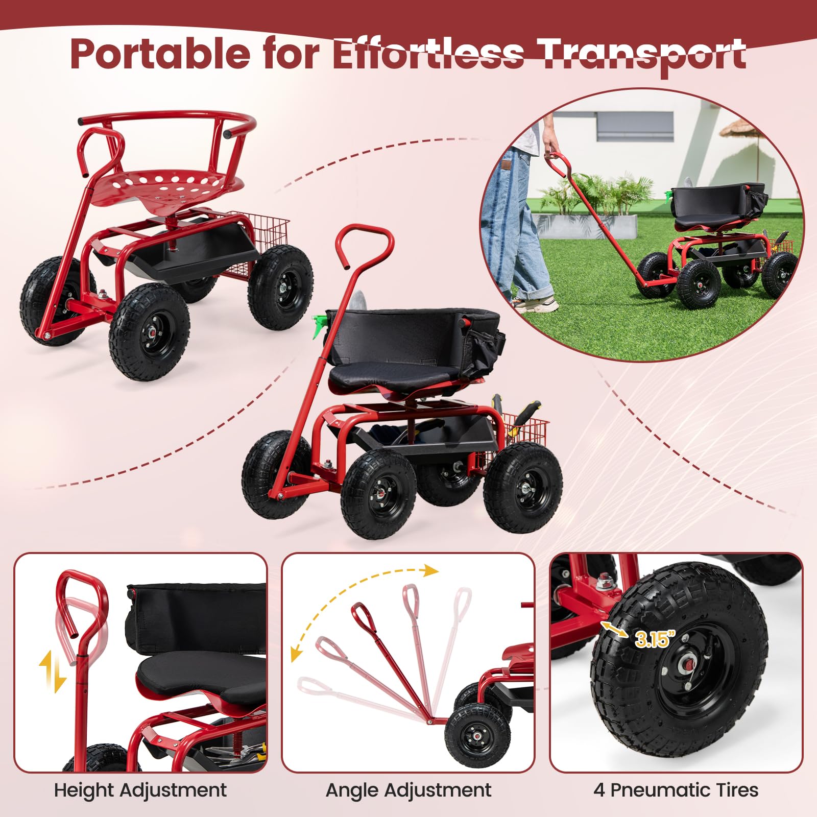 **Goplus Rolling Garden Seat with Wheels - Adjustable 360° Swivel Stool, Tool Tray & Storage Basket, Extendable Handle - Outdoor Gardening Scooter & Work Seat for Seniors - Perfect for Planting, Weeding, and Yard Work**