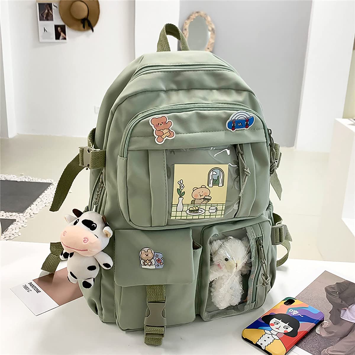 Cute Kawaii Aesthetic Backpack with Badge Pins & Keychain Pendant - Lightweight Travel Backpack for School, College, Work & Daily Commute