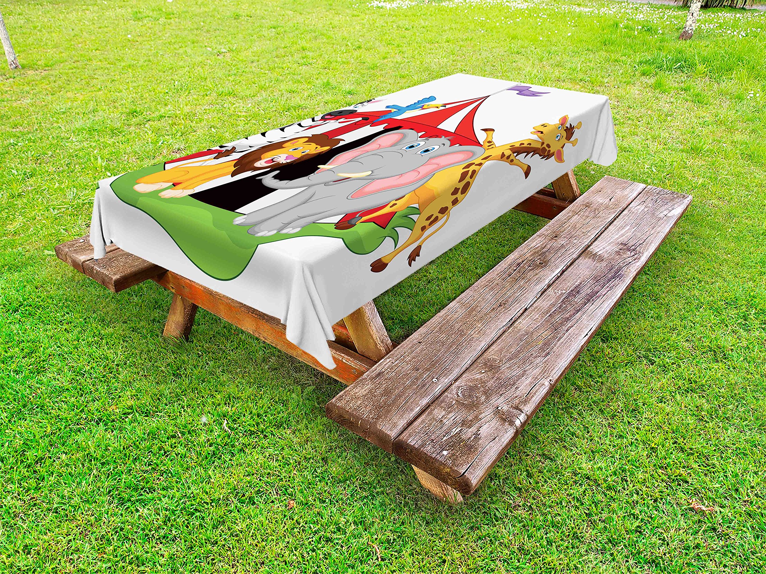 Ambesonne Circus Themed Outdoor Tablecloth - Colorful Acrobat, Elephant & Giraffe Design - Washable Picnic Table Cover 58x104 Inches - Perfect for Birthday Parties, BBQs & Outdoor Events (Red, Green, Yellow)