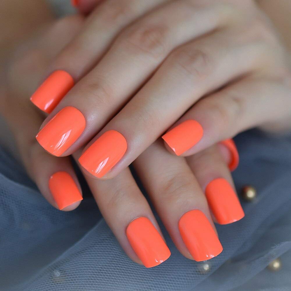 EchiQ Short Square Fake Nails - Natural Shape Glossy Gel Nails in Orange & Pink | Easy to Apply with Adhesive | Perfect for Daily Wear, Work, Parties & Special Occasions