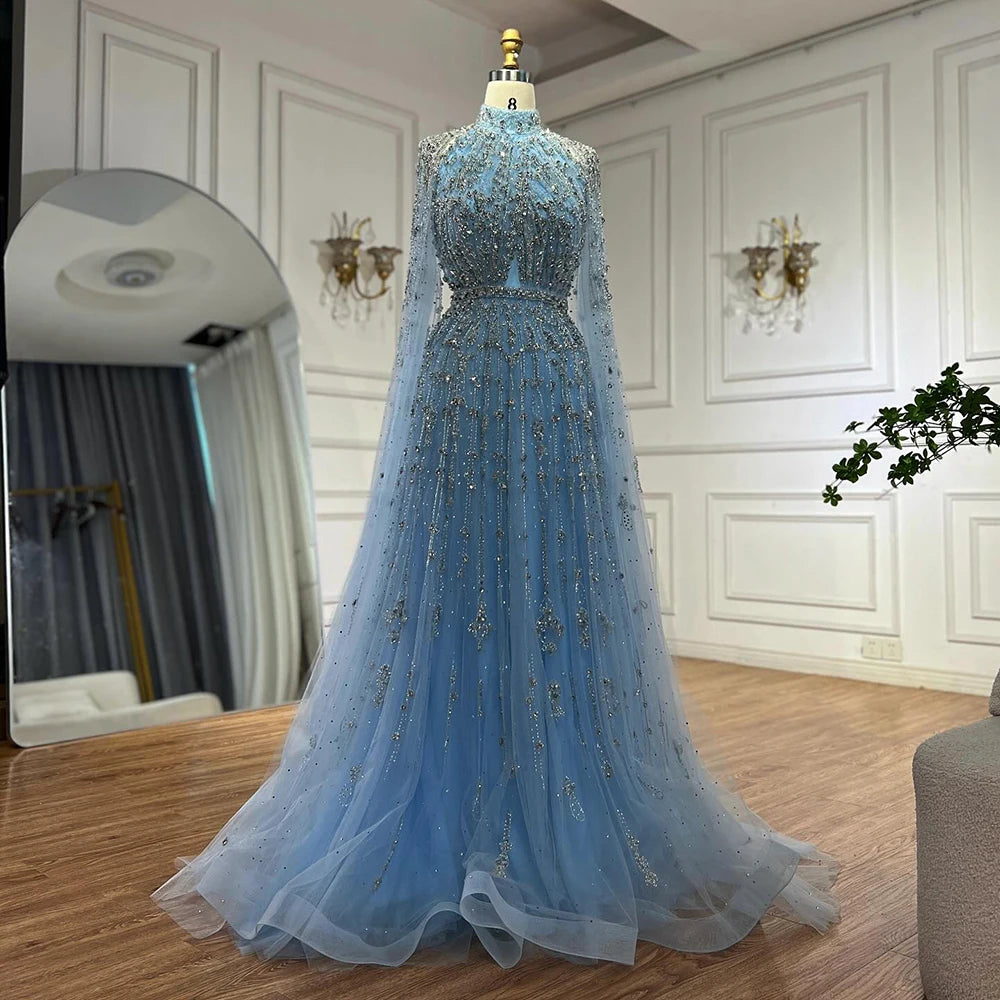 Elegant Blue Beaded A-Line Evening Gown with Cape Sleeves - LA71803G | Formal Party Dress for Prom, Wedding & Black Tie Events