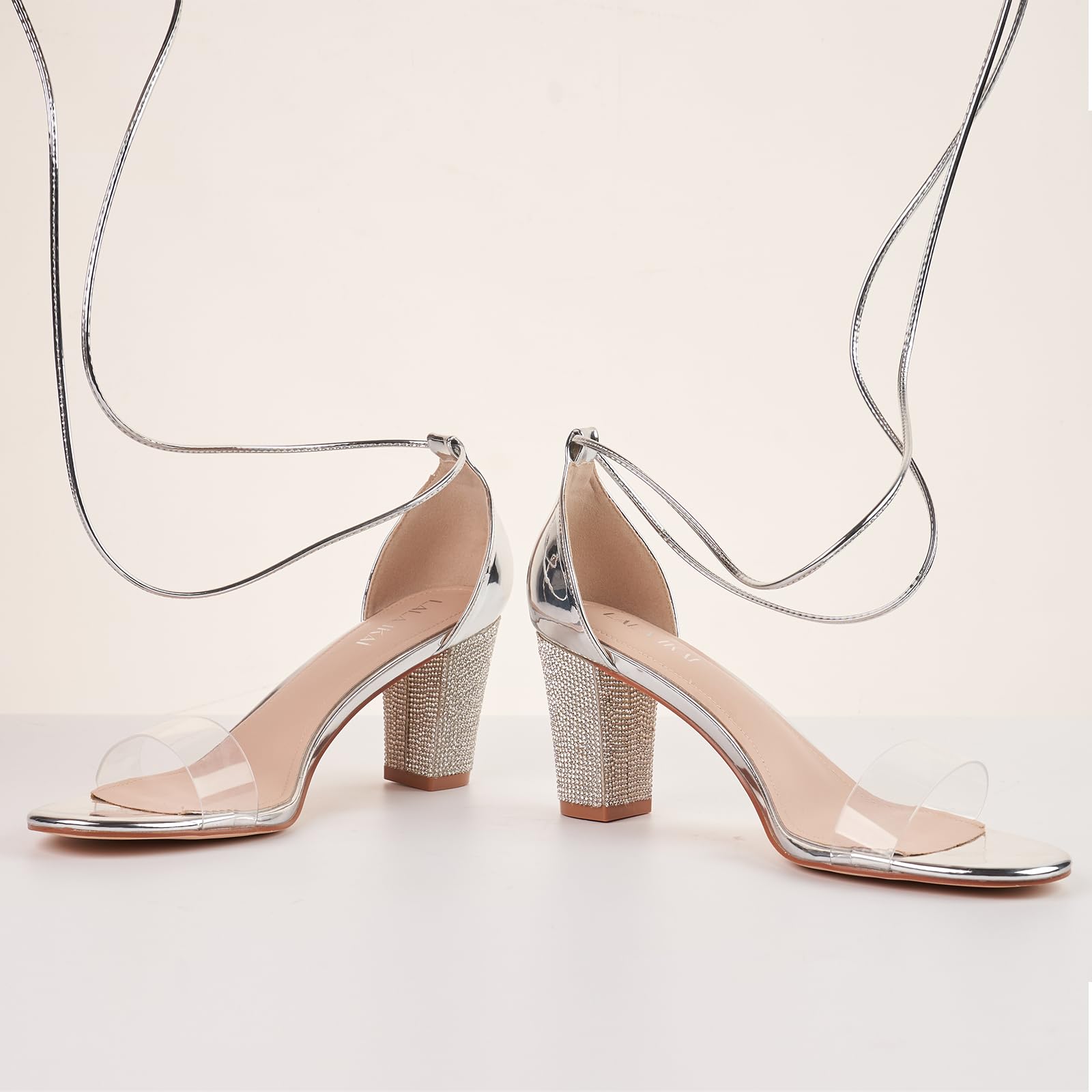 Women's Chunky High Heel Sandals - Comfortable Open Toe Strappy Rhinestone Heels in White, Silver, Gold & Black | Clear Ankle Strap Dress Shoes for Weddings, Parties & Evening Events