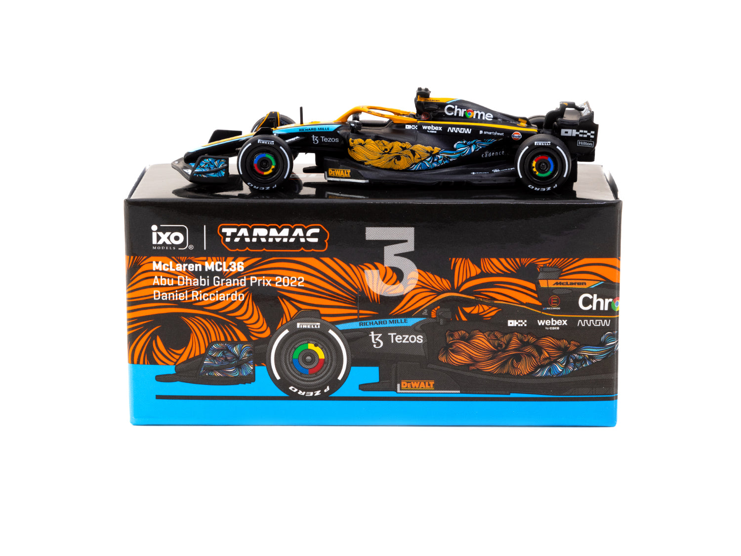 Tarmac Works X iXO Models 1/64 McLaren MCL36 Abu Dhabi Grand Prix 2022 Daniel Ricciardo #3 Diecast Car - Collectible Racing Model for Display & Racing Enthusiasts - Perfect for Home, Office Decor & Car Racing Fans