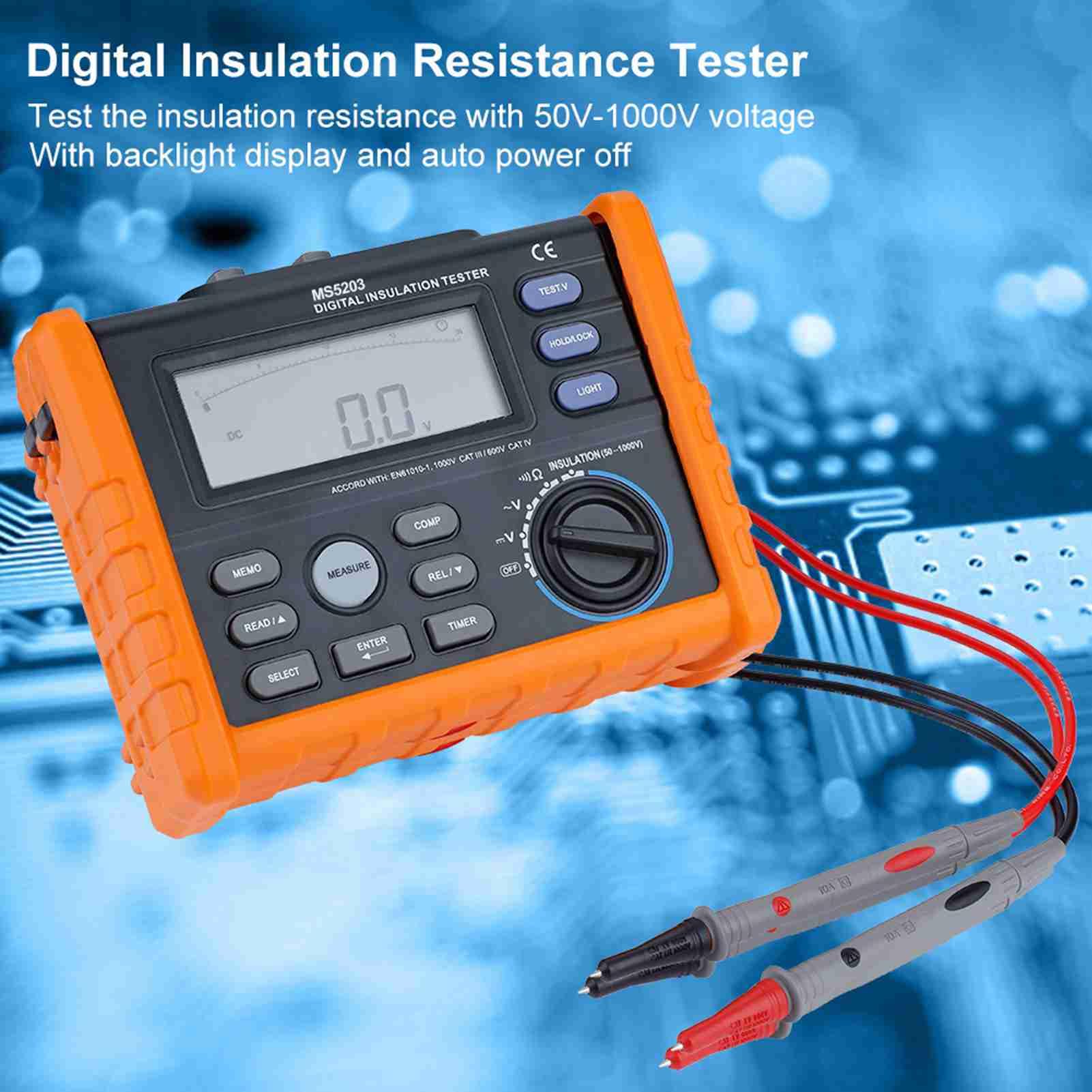 PEAKMETER MS5203 Digital Insulation Tester 50-1000V with Auto PI/DAR Calculation, Backlight Display, AC/DC Voltage & Continuity Testing - Perfect for Electricians, HVAC Technicians & Industrial Maintenance