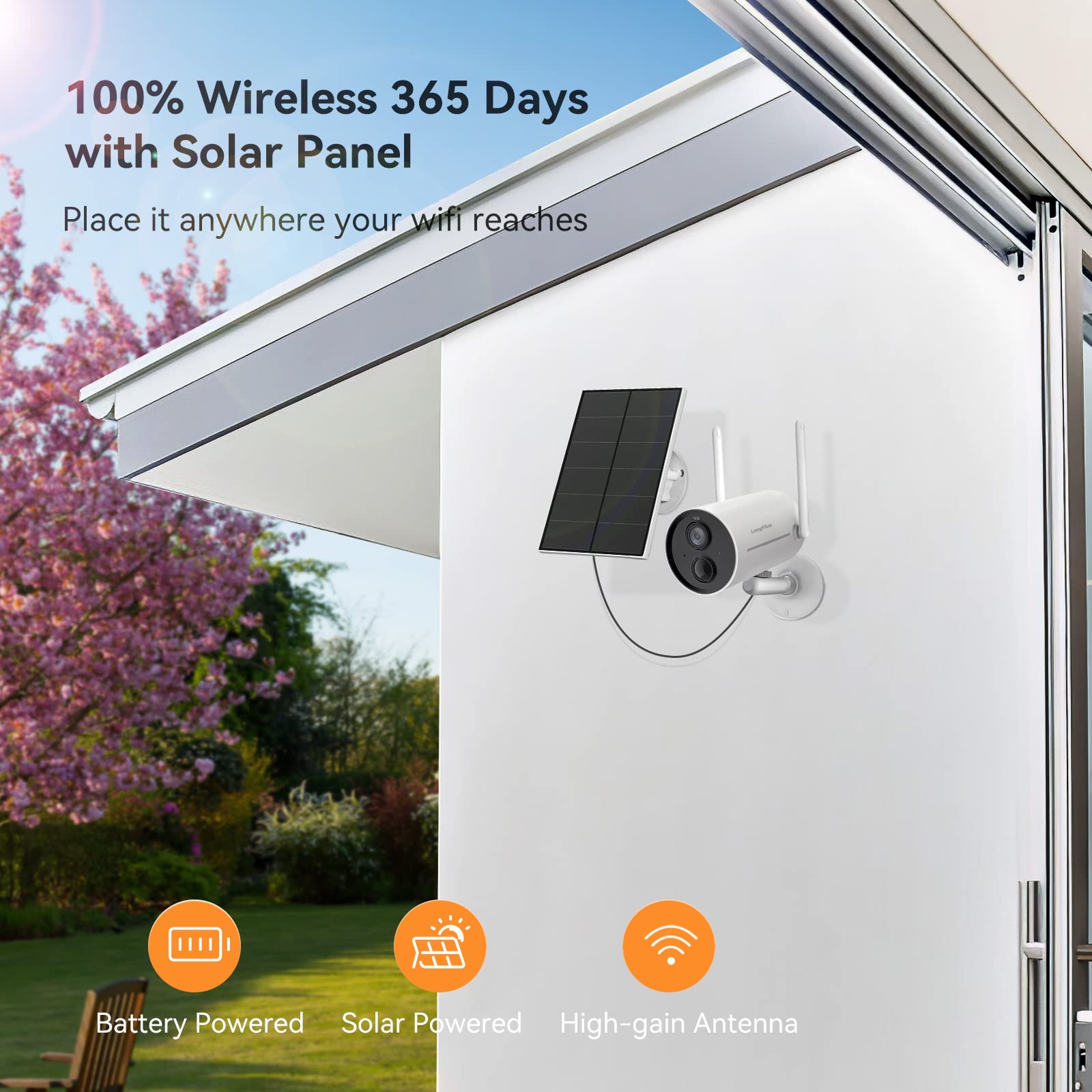 LongPlus Solar Powered Wireless Outdoor Security Camera - 3.0MP WiFi Battery Camera with 2-Way Audio, PIR Motion Detection, Alarm & Color Night Vision | IP66 Weatherproof | Ideal for Home, Yard, Garage & Business Surveillance