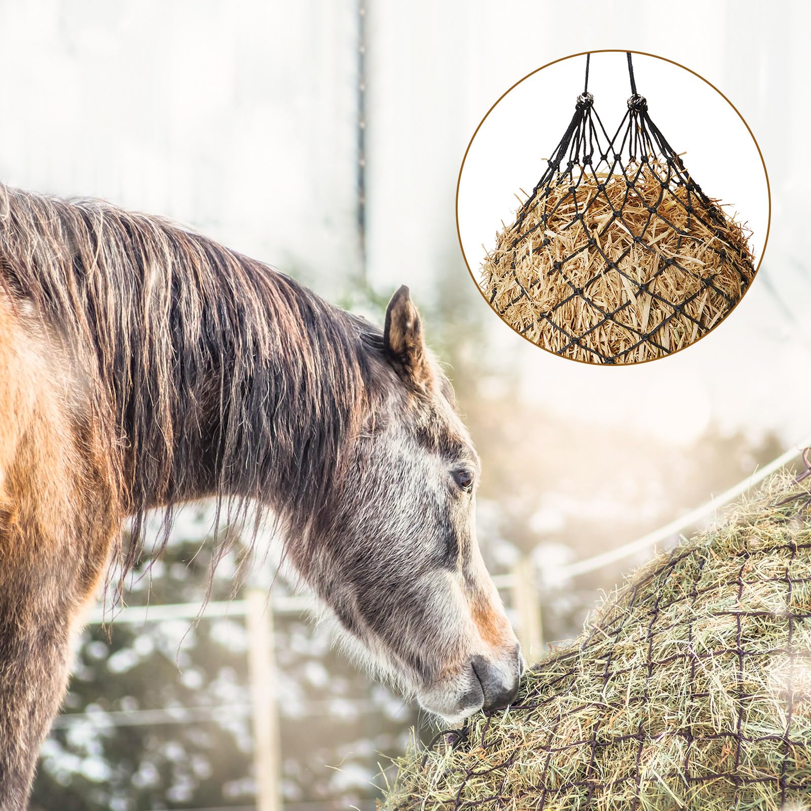 Fabbay 4-Pack Adjustable Slow Feed Hay Nets for Horses - 40 Inch Length with 2 Inch Holes & Rings - Durable Horse Feeding Supplies for Barn, Paddock, Stable - Perfect for Goats, Cattle & Livestock - Reduce Waste & Promote Healthy Eating Habits