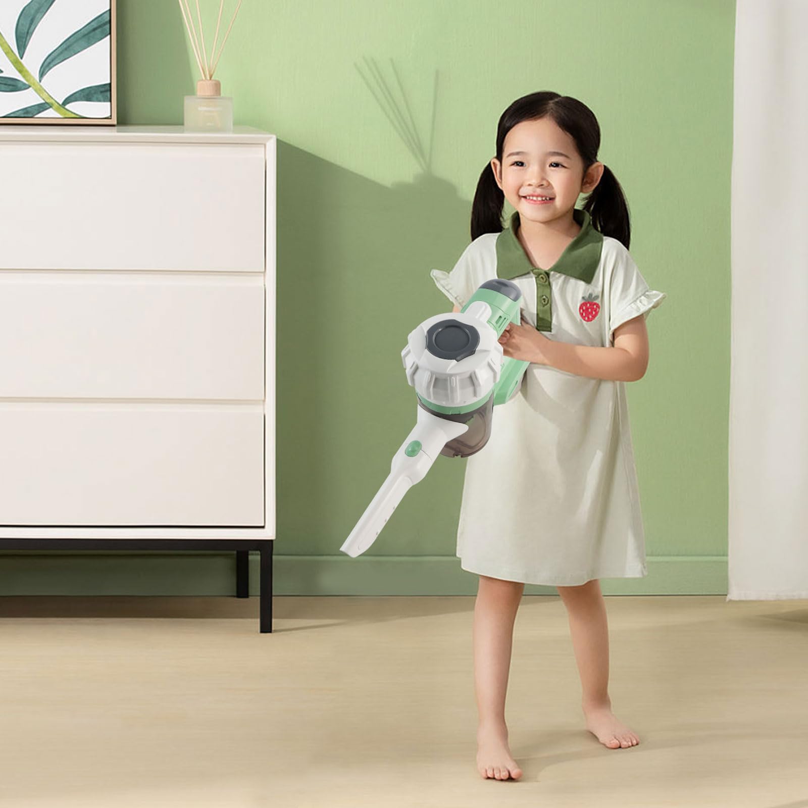 YoCool Cordless Kids Vacuum Cleaner for Toddlers Age 3+ - Real Suction Function, Green & White Toy Vacuum for Boys & Girls - Pretend Play Cleaning Set for Early Childhood Development & Household Chores