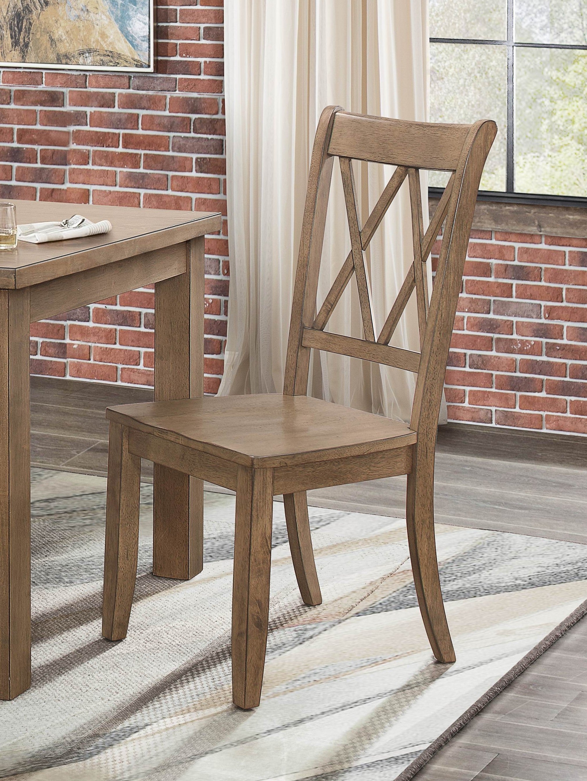 Set of 2 Casual Brown Pine Veneer Side Chairs with Double X Back Design - Transitional Dining Room Furniture for Kitchen, Breakfast Nook & Small Spaces