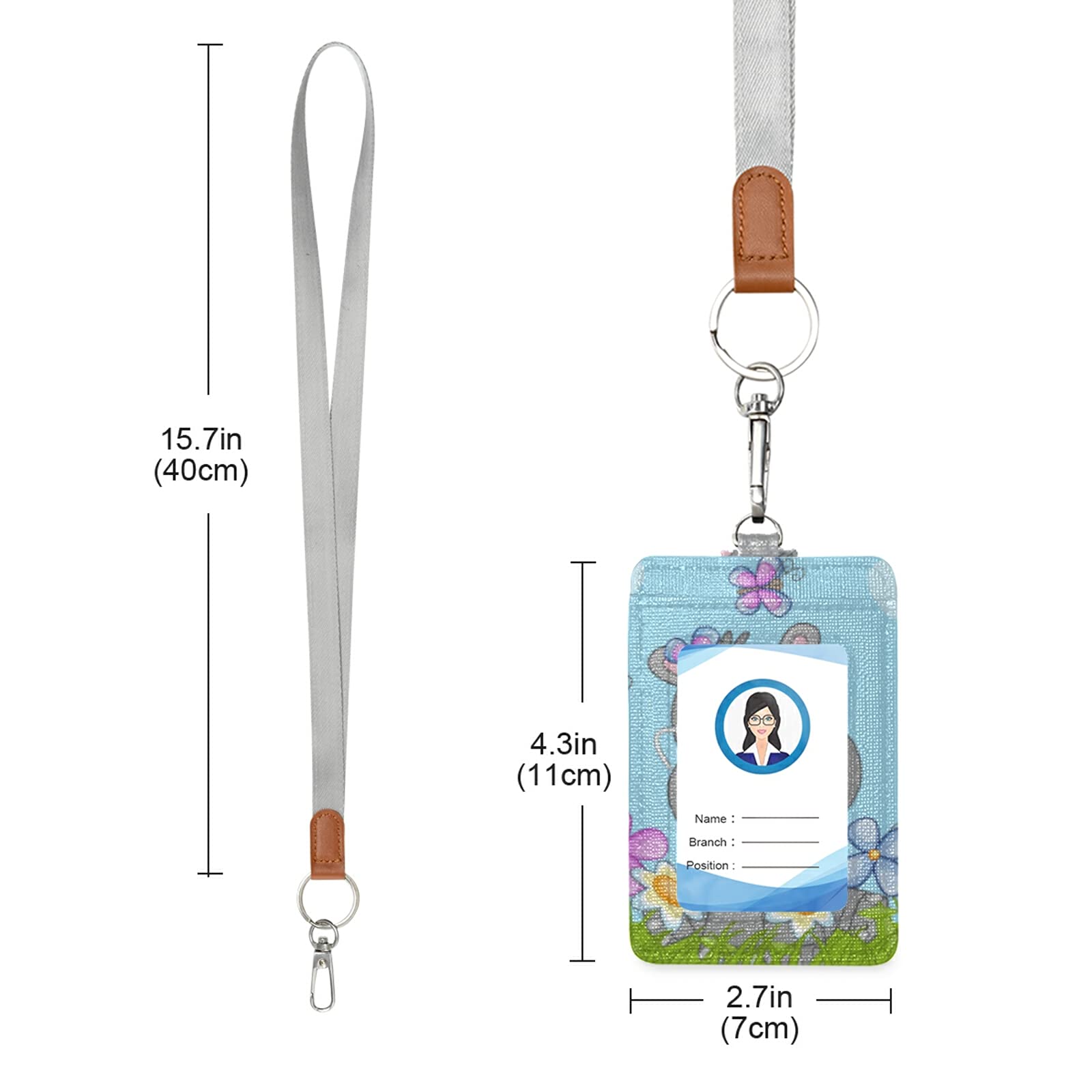 Vertical Leather ID Badge Holder with Lanyard - 2 Card Slots & Clear Window for Office & School Staff