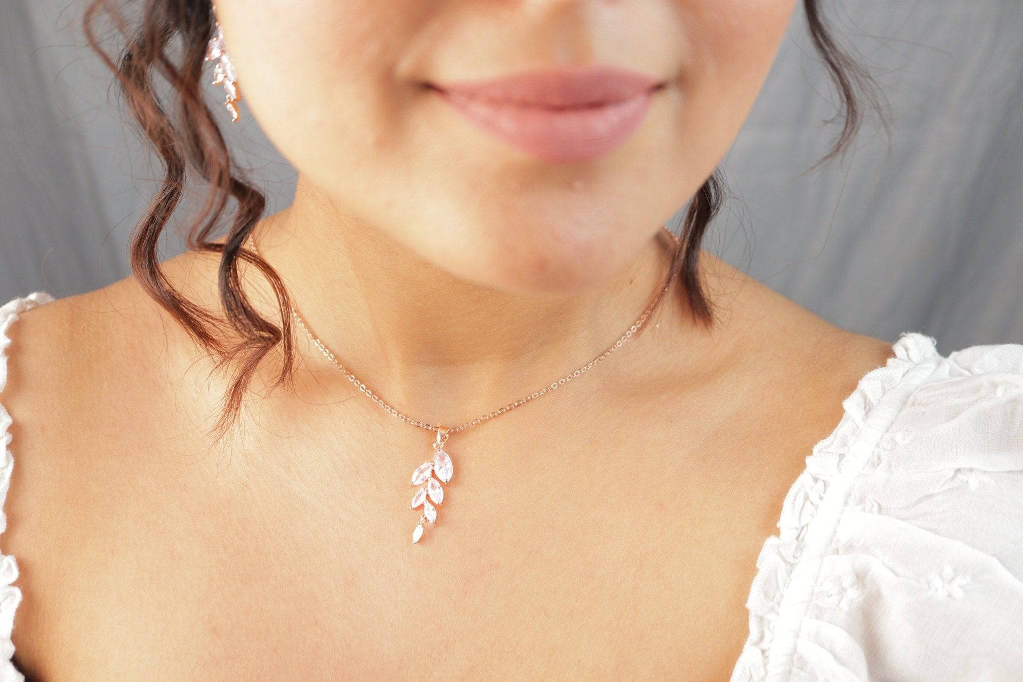 Elegant Cubic Zirconia Crystal Leaf Bridesmaid Jewelry Set - Sterling Silver Necklace & Dangling Earrings for Weddings, Parties & Special Occasions