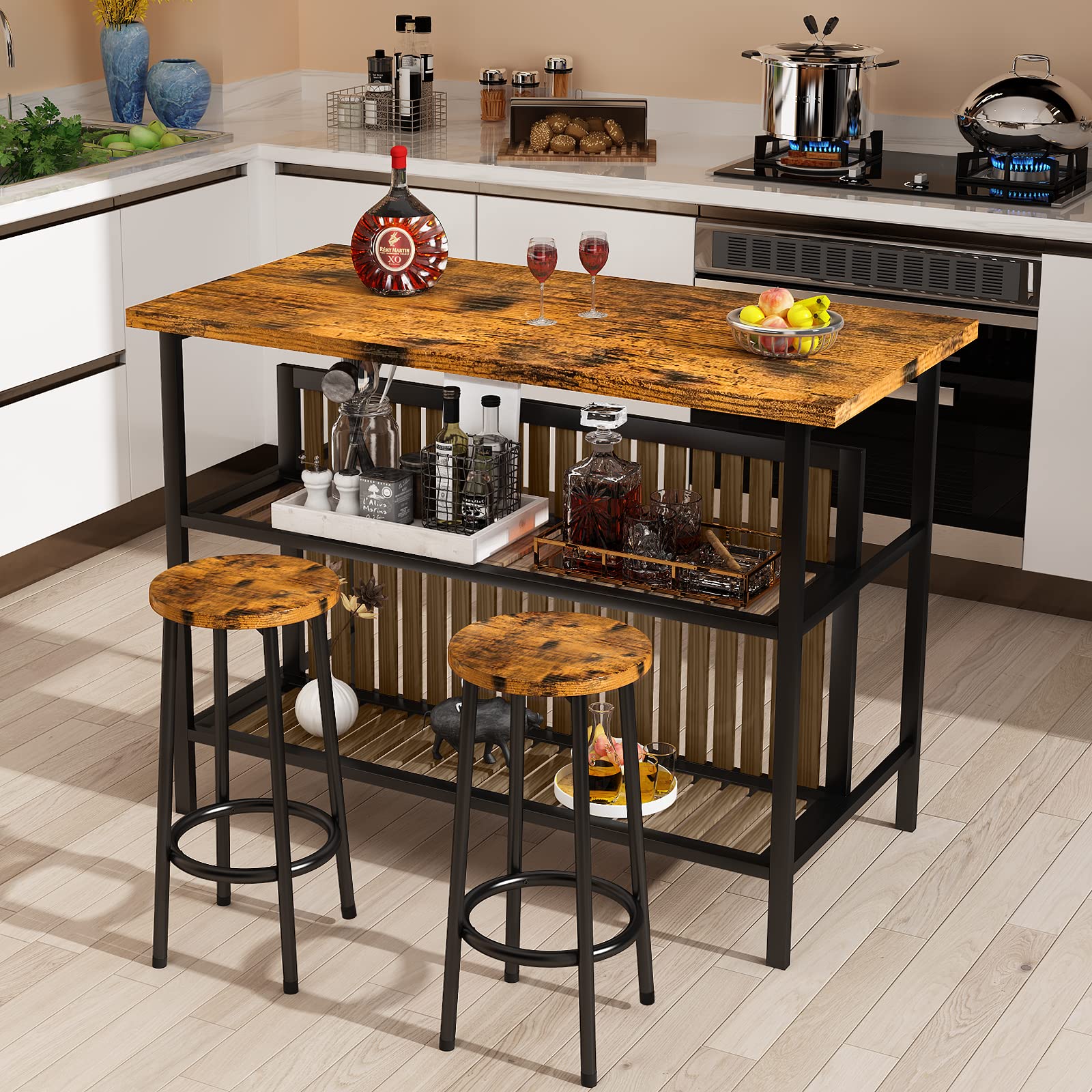 Lamerge 3-Piece Industrial Bar Table and Chairs Set with Storage Shelves, Walnut Counter Height Kitchen Island Table for 2, Perfect for Small Spaces, Dining Room, and Kitchen Breakfast Nook