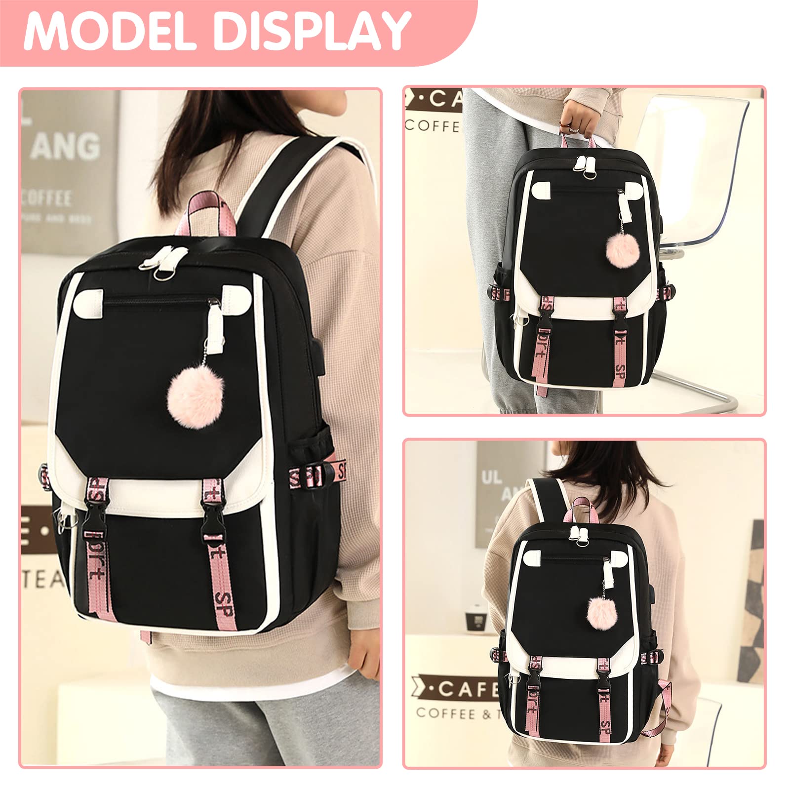 Stylish Stitched Backpack for Teens & School - USB Port Laptop Book Bag (Black) | Perfect for Daily Commute, College Classes & Travel