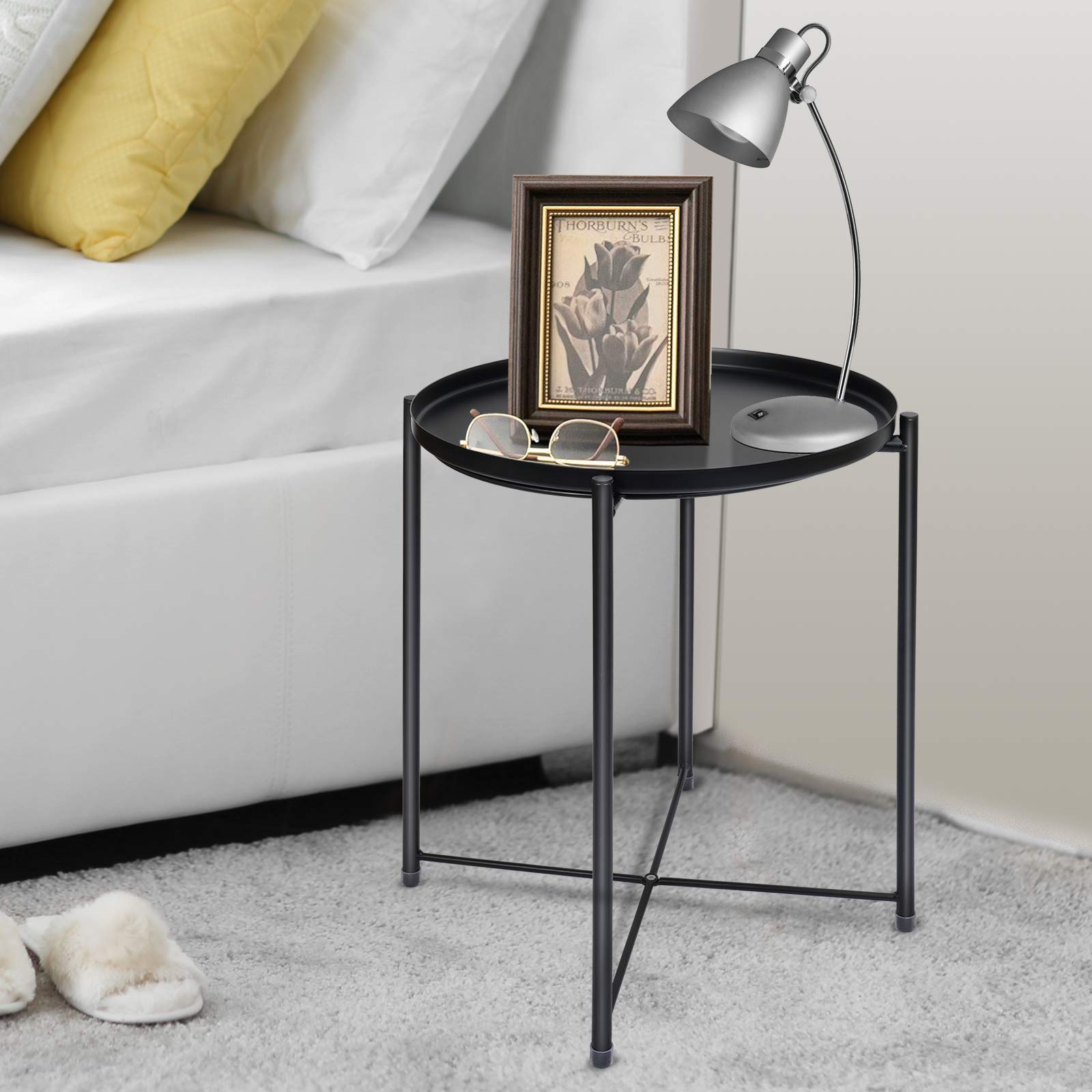 Metal End Table with Removable Tray - Small Round Side Table for Living Room, Bedroom & Outdoor Use - Stylish Nightstand and Snack Table for Sofa, Patio or Dorm Decor