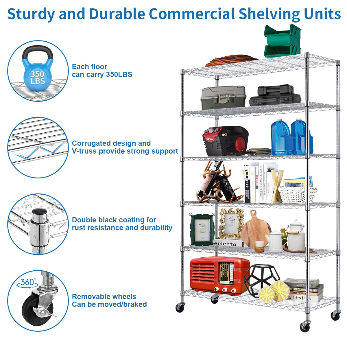 6-Tier Heavy Duty Metal Storage Shelves with Wheels - NSF Certified Adjustable Wire Shelving Unit for Kitchen, Restaurant, Garage, Basement & Laundry Room - 2100LBS Capacity Chrome Rack - Perfect for Commercial Use, Home Organization & Industrial Storage